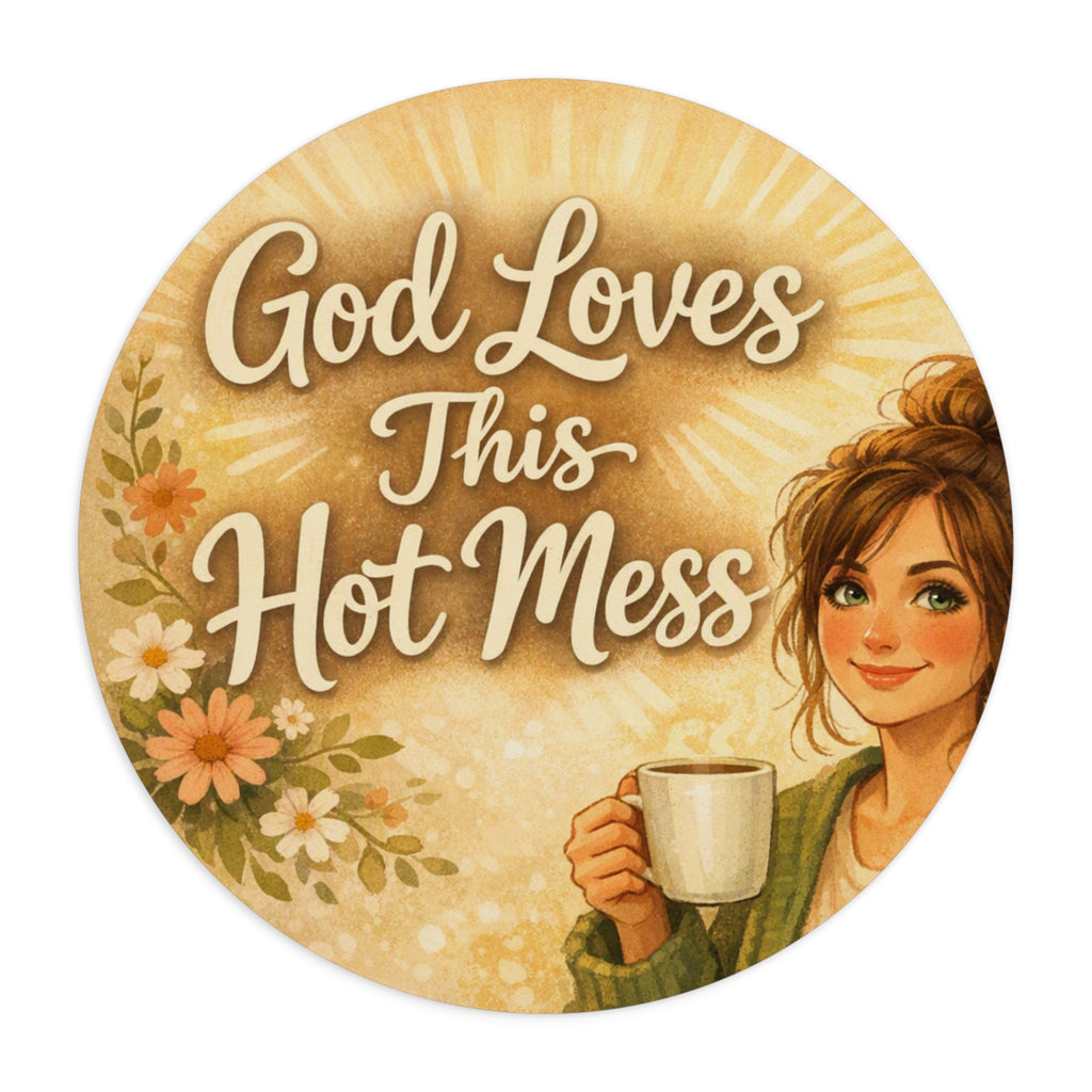 God Loves This Hot Mess Round Mouse Pad — Christian Inspirational Desk Mat