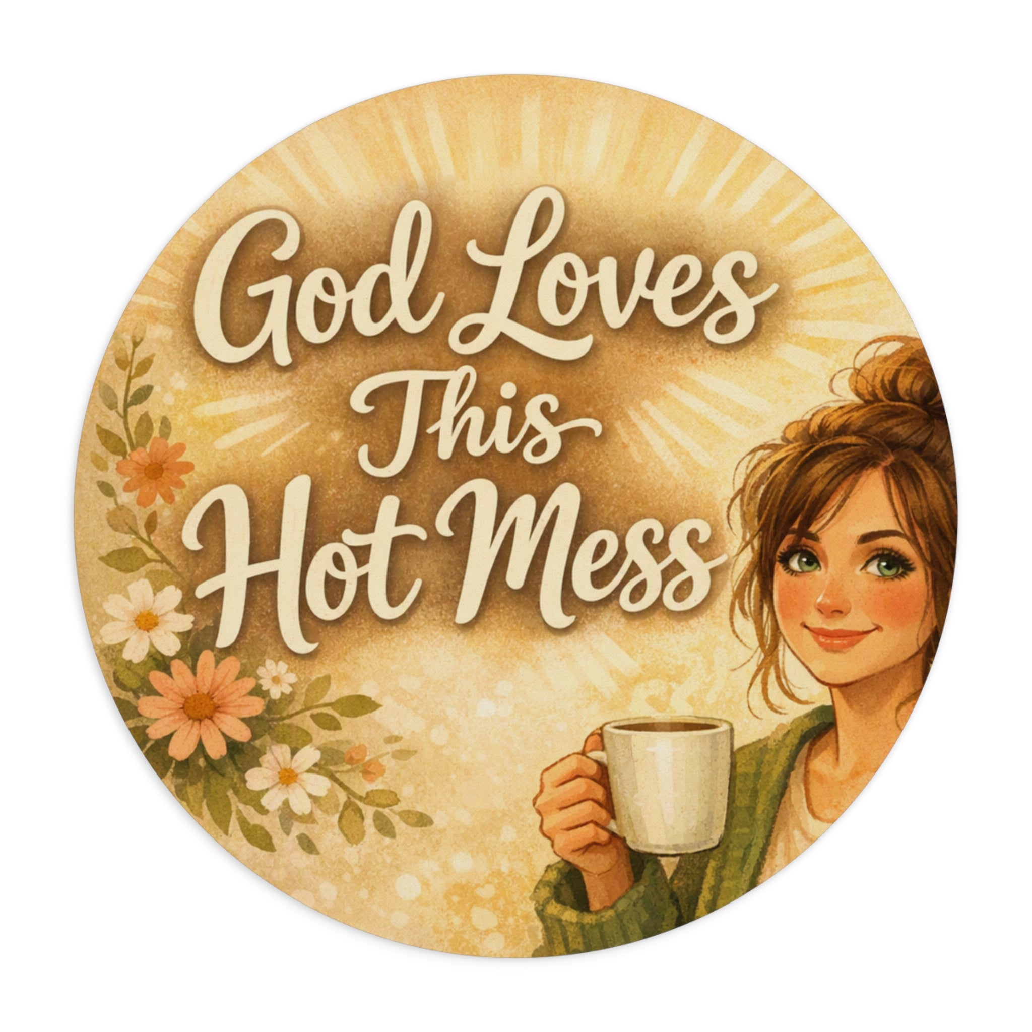 God Loves This Hot Mess Round Mouse Pad — Christian Inspirational Desk Mat