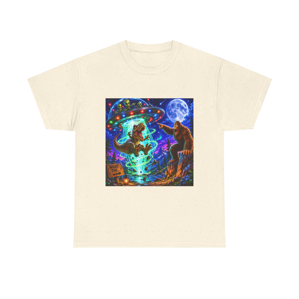 UFO Bigfoot Abduction T-Shirt — Neon Retro Alien Party Tee