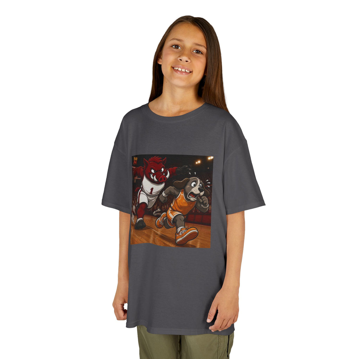 Kids Basketball Mascot Tee — Playful Cartoon Dunk Design