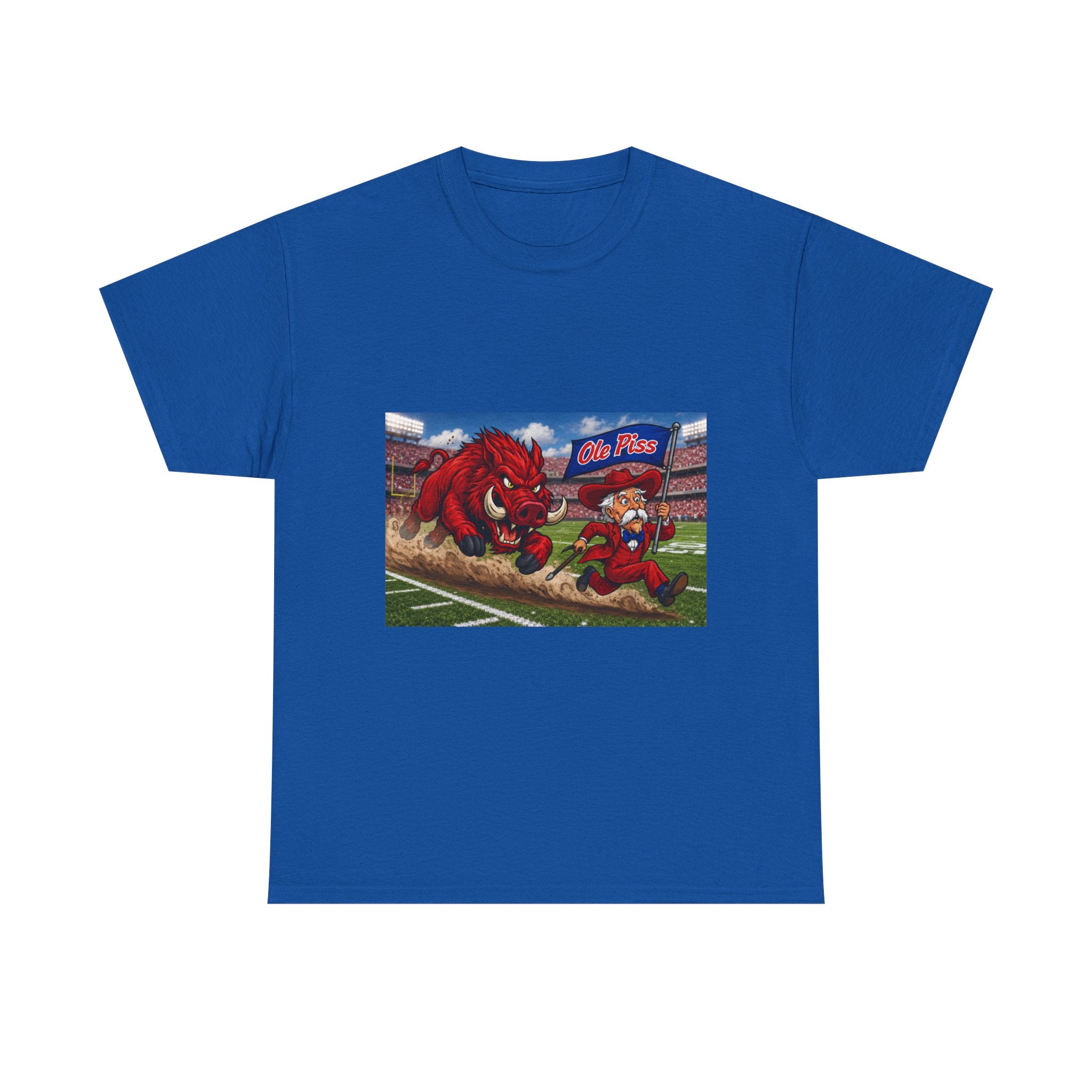 College Football Mascot Tee — 'Ole Piss' Running Hog Chasing Colonel Graphic