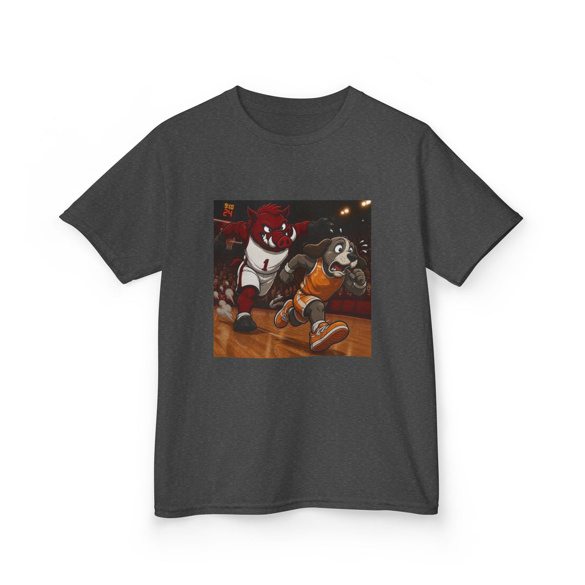 Kids Basketball Mascot Tee — Playful Cartoon Dunk Design