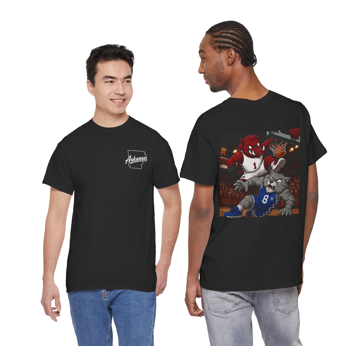 Arkansas Razorbacks Basketball Mascot Tee — Back Graphic Dunking Hog + Front Script Logo
