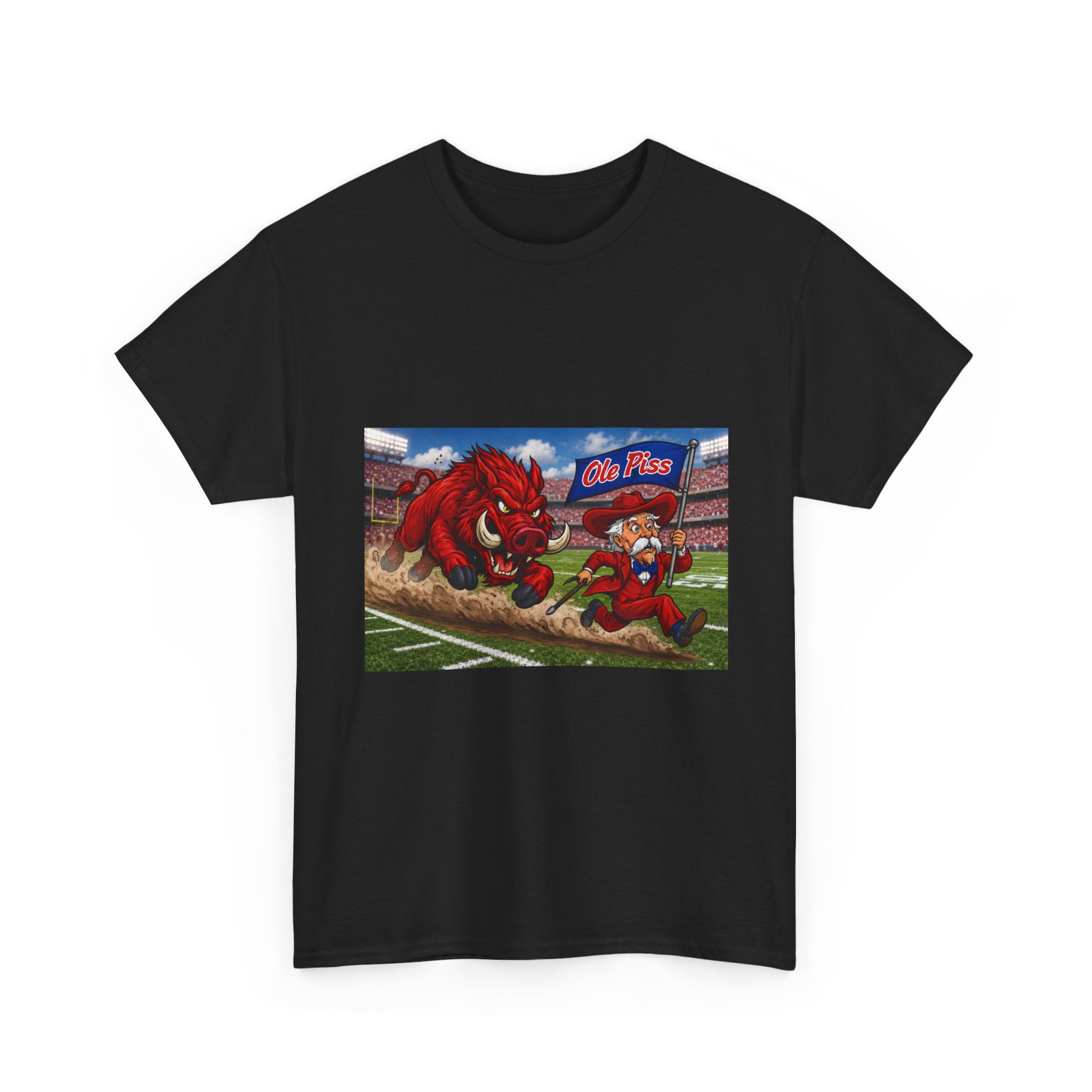 College Football Mascot Tee — 'Ole Piss' Running Hog Chasing Colonel Graphic