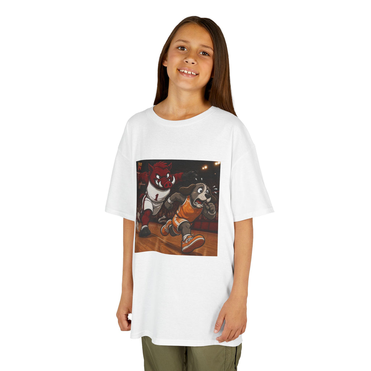 Kids Basketball Mascot Tee — Playful Cartoon Dunk Design