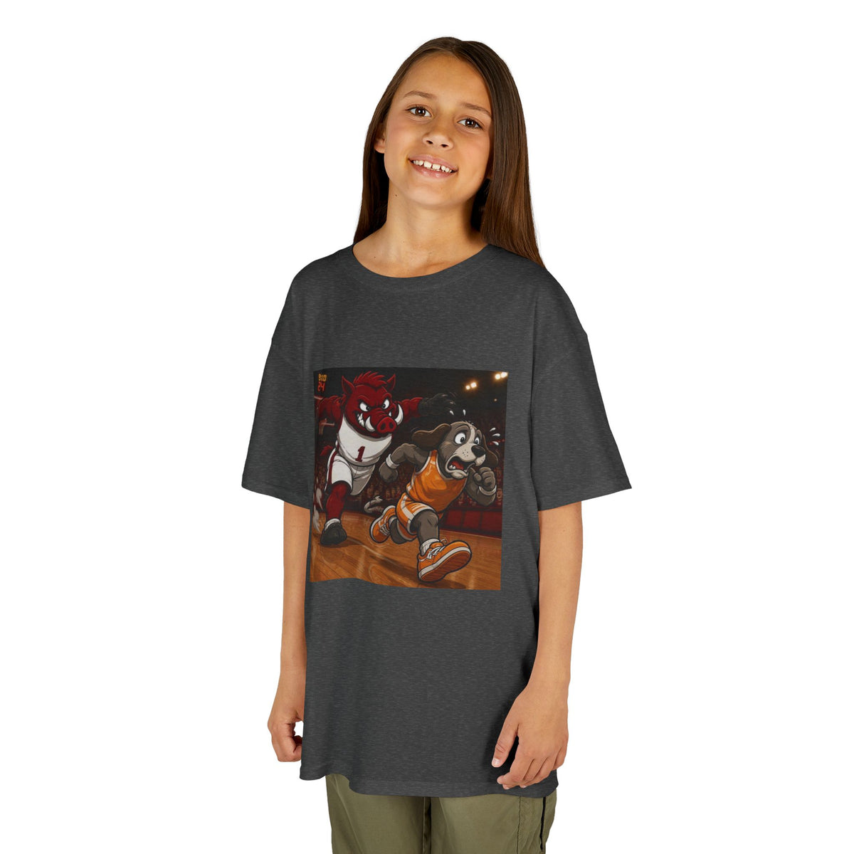 Kids Basketball Mascot Tee — Playful Cartoon Dunk Design