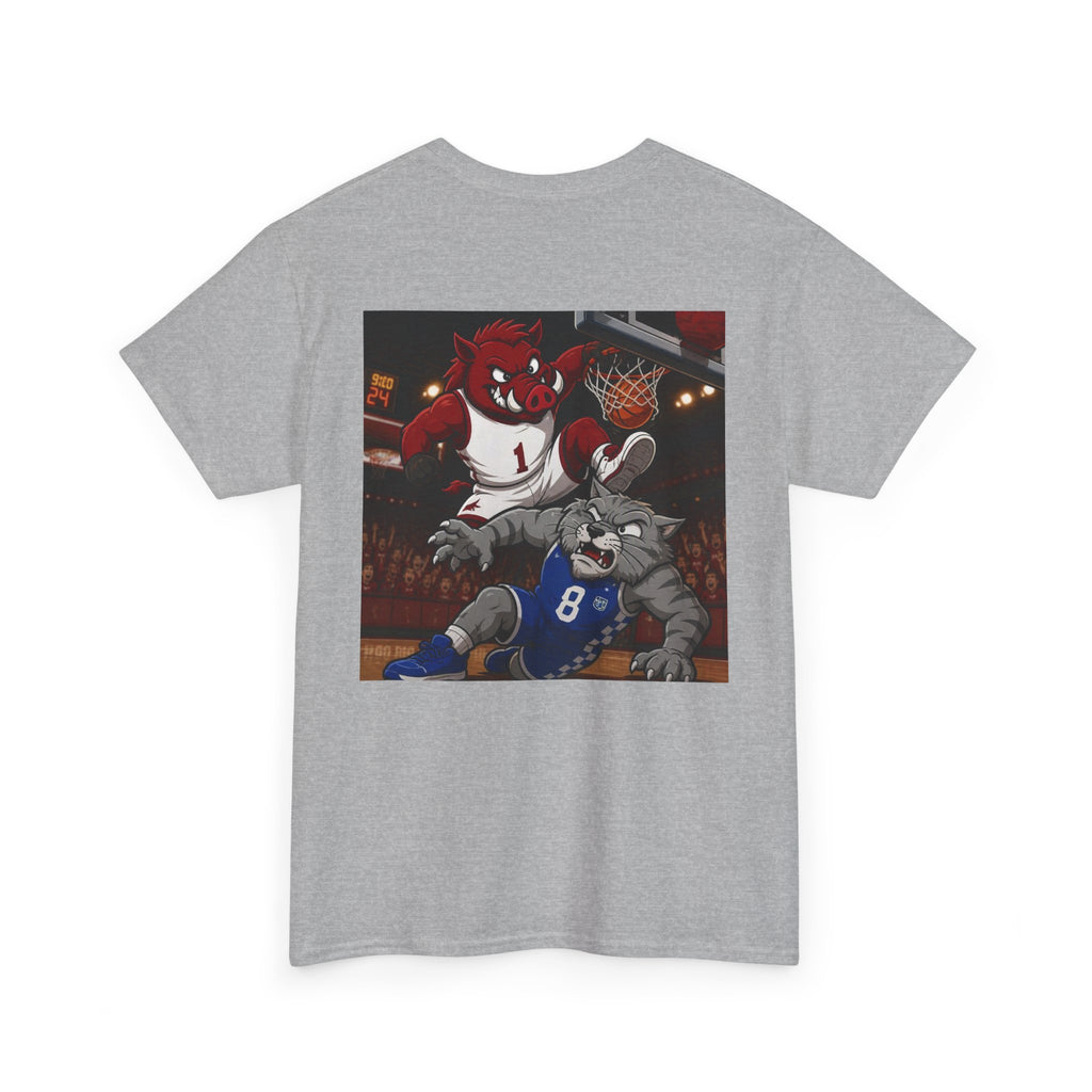 Arkansas Razorbacks Basketball Mascot Tee — Back Graphic Dunking Hog + Front Script Logo