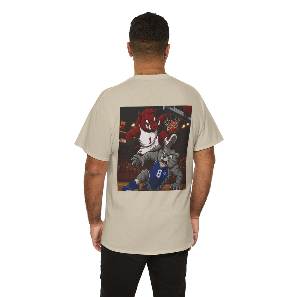 Arkansas Razorbacks Basketball Mascot Tee — Back Graphic Dunking Hog + Front Script Logo