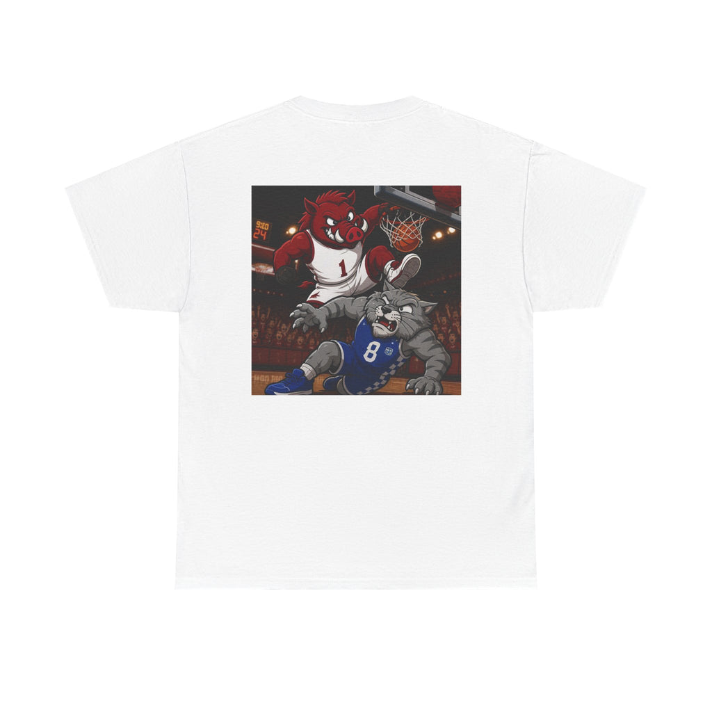 Arkansas Razorbacks Basketball Mascot Tee — Back Graphic Dunking Hog + Front Script Logo