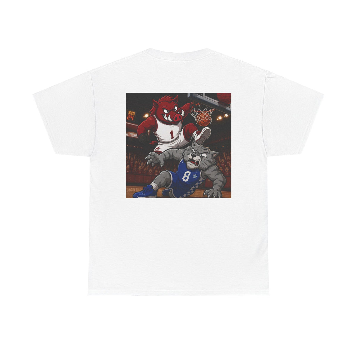 Arkansas Razorbacks Basketball Mascot Tee — Back Graphic Dunking Hog + Front Script Logo