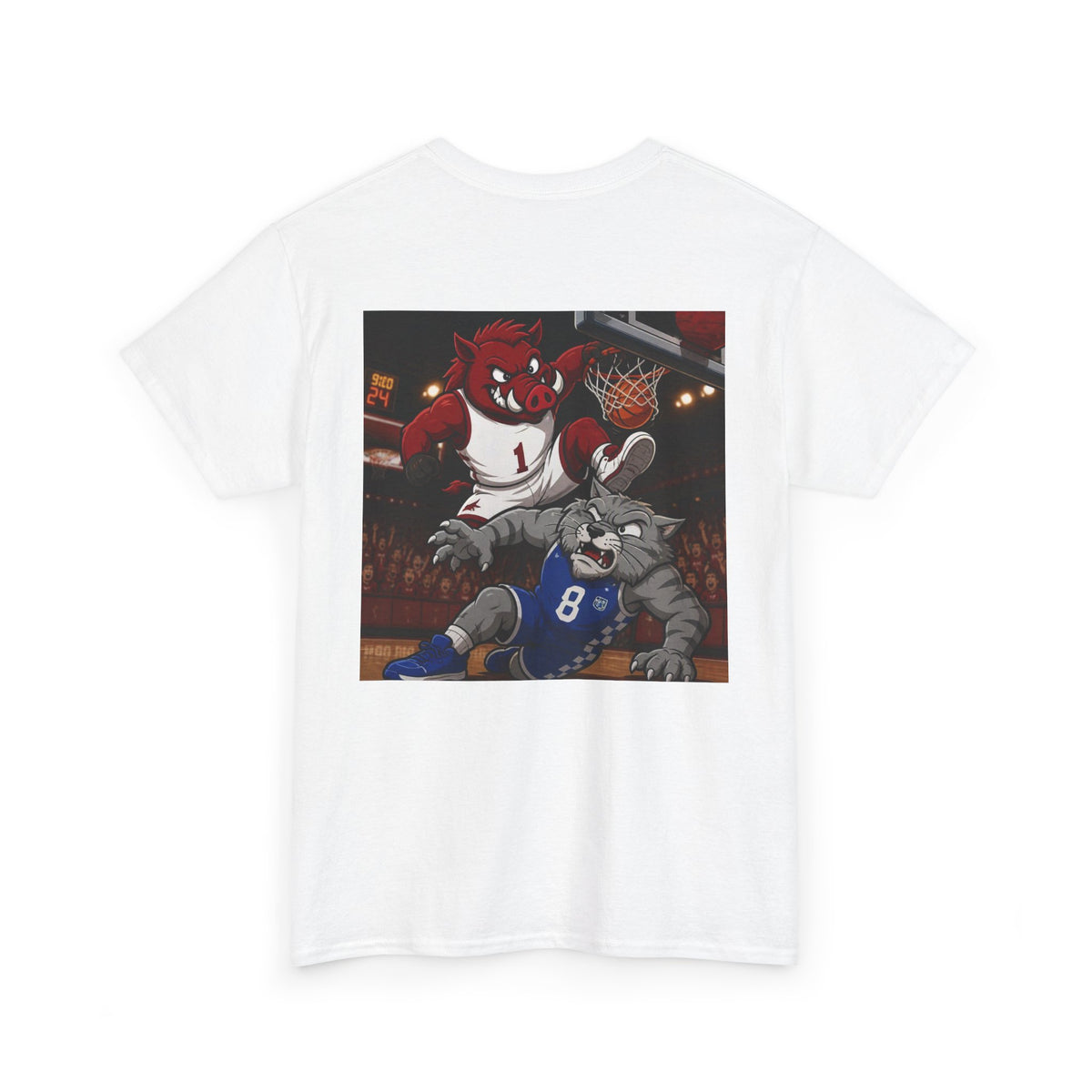 Arkansas Razorbacks Basketball Mascot Tee — Back Graphic Dunking Hog + Front Script Logo