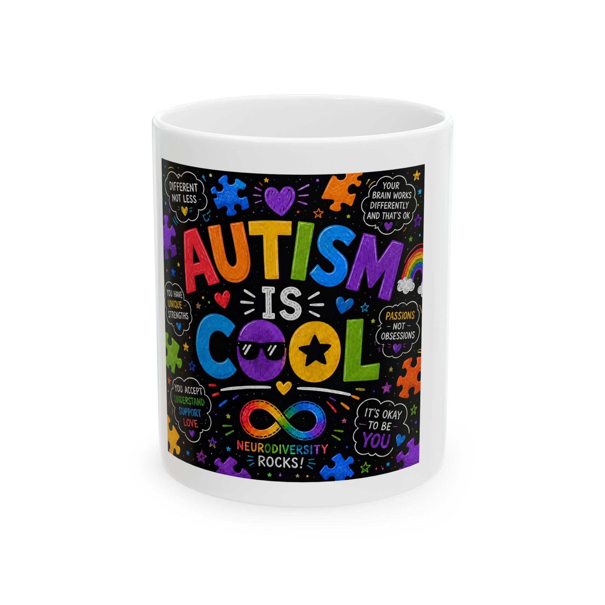 Autism Is Cool Ceramic Mug — Colorful Neurodiversity Pride Coffee Cup (11oz & 15oz)
