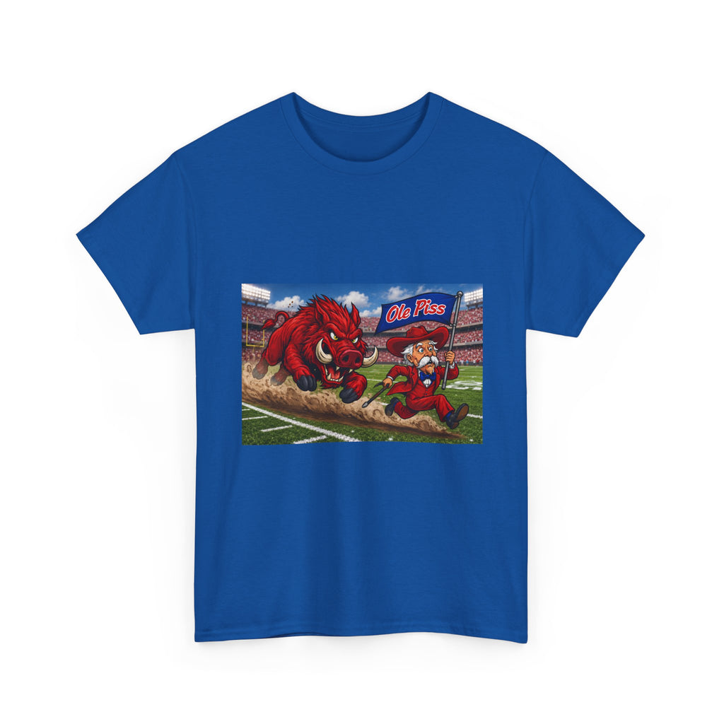 College Football Mascot Tee — 'Ole Piss' Running Hog Chasing Colonel Graphic