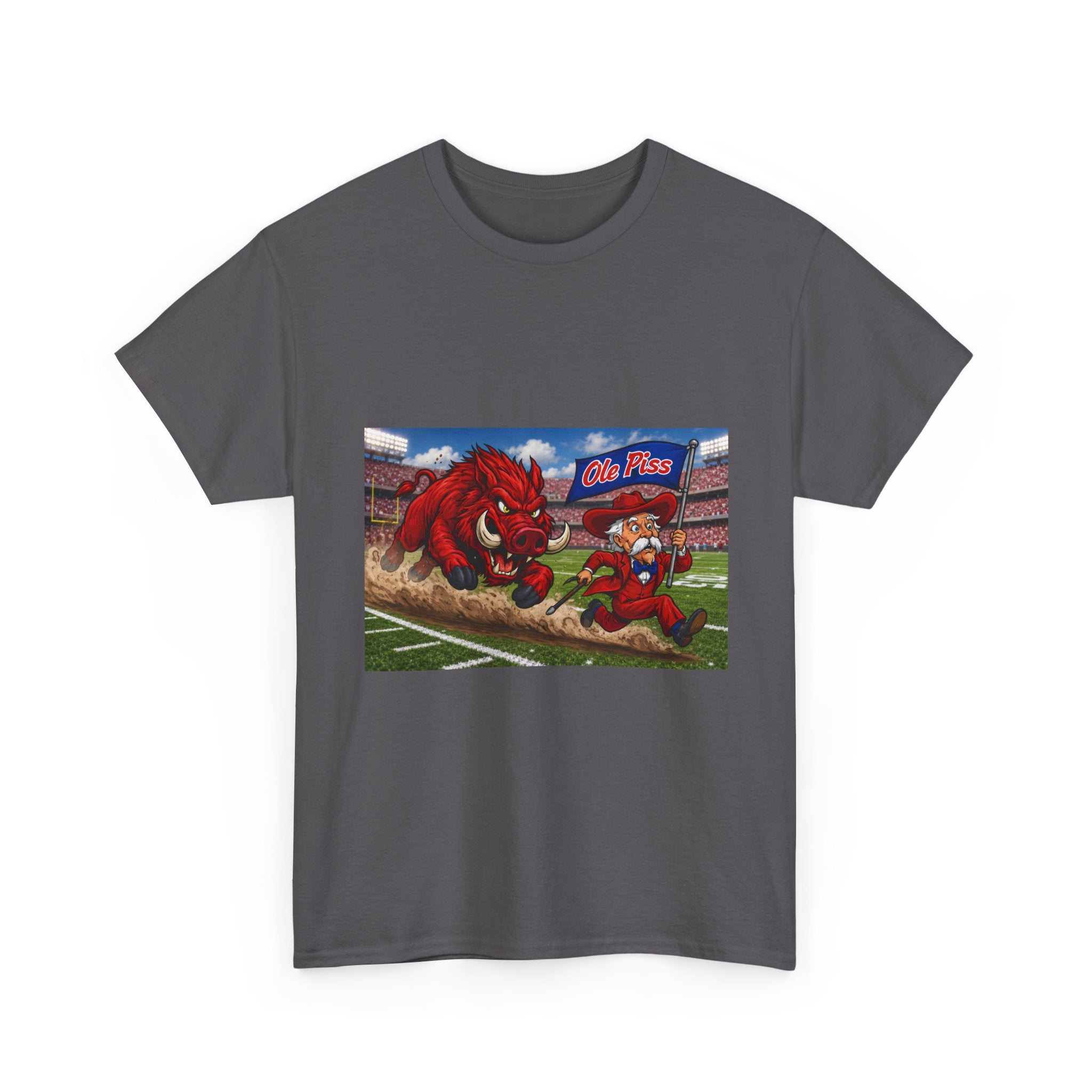 College Football Mascot Tee — 'Ole Piss' Running Hog Chasing Colonel Graphic