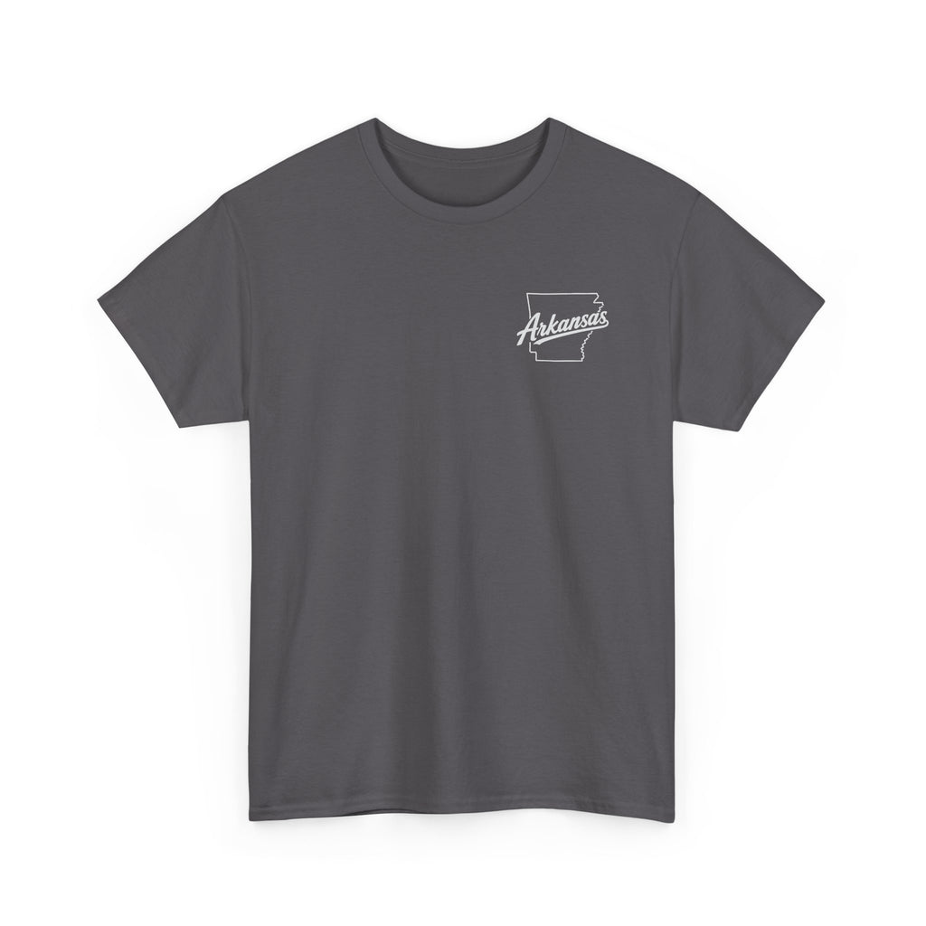Arkansas Razorbacks Basketball Mascot Tee — Back Graphic Dunking Hog + Front Script Logo