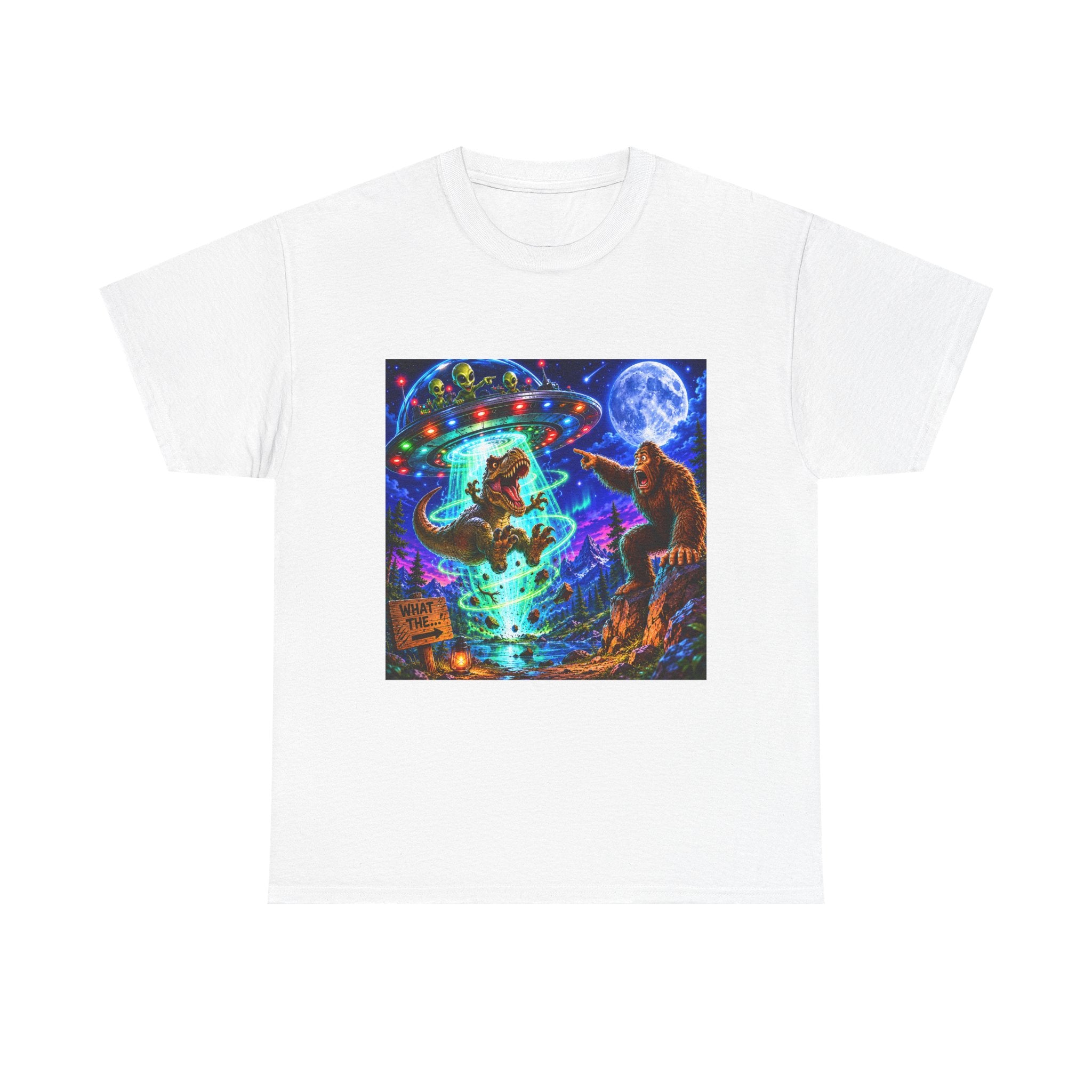 UFO Bigfoot Abduction T-Shirt — Neon Retro Alien Party Tee