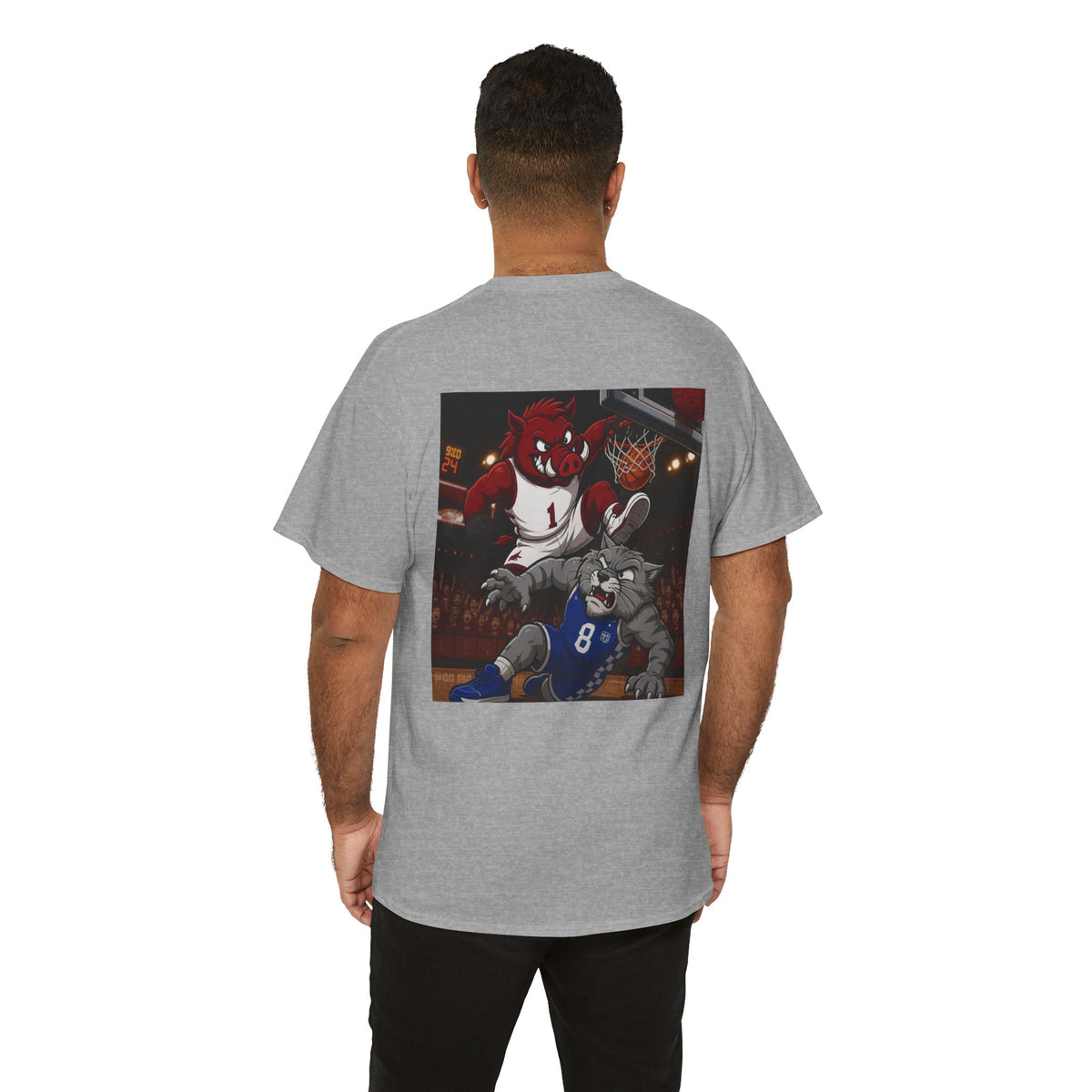 Arkansas Razorbacks Basketball Mascot Tee — Back Graphic Dunking Hog + Front Script Logo