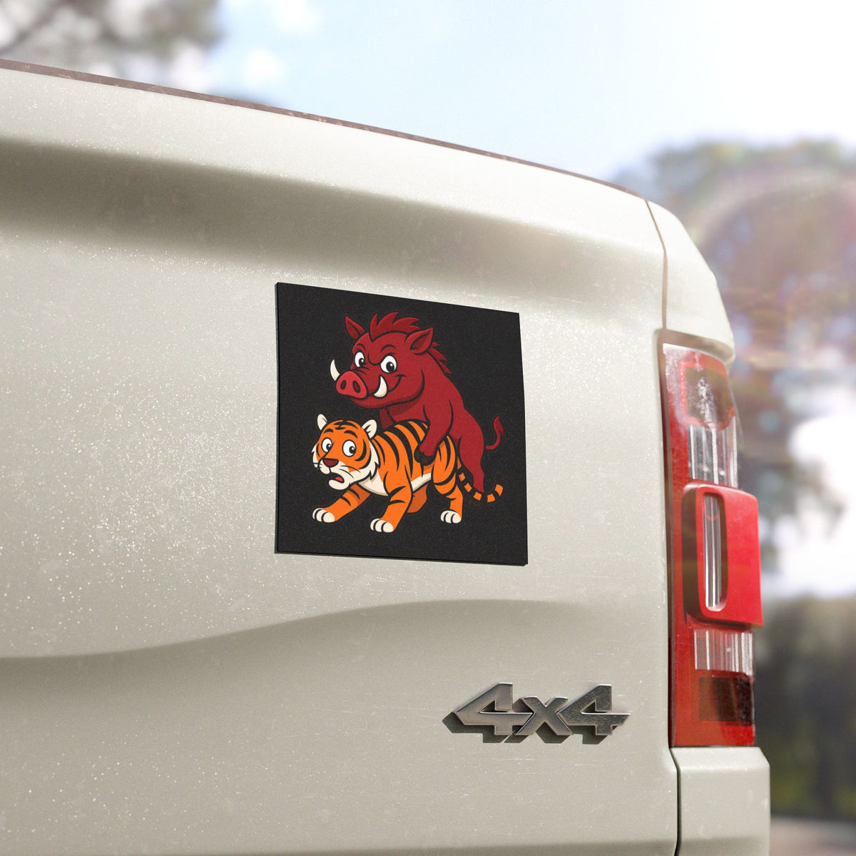 Car Magnet — Playful Hog Piggy Backin Tiger Illustration