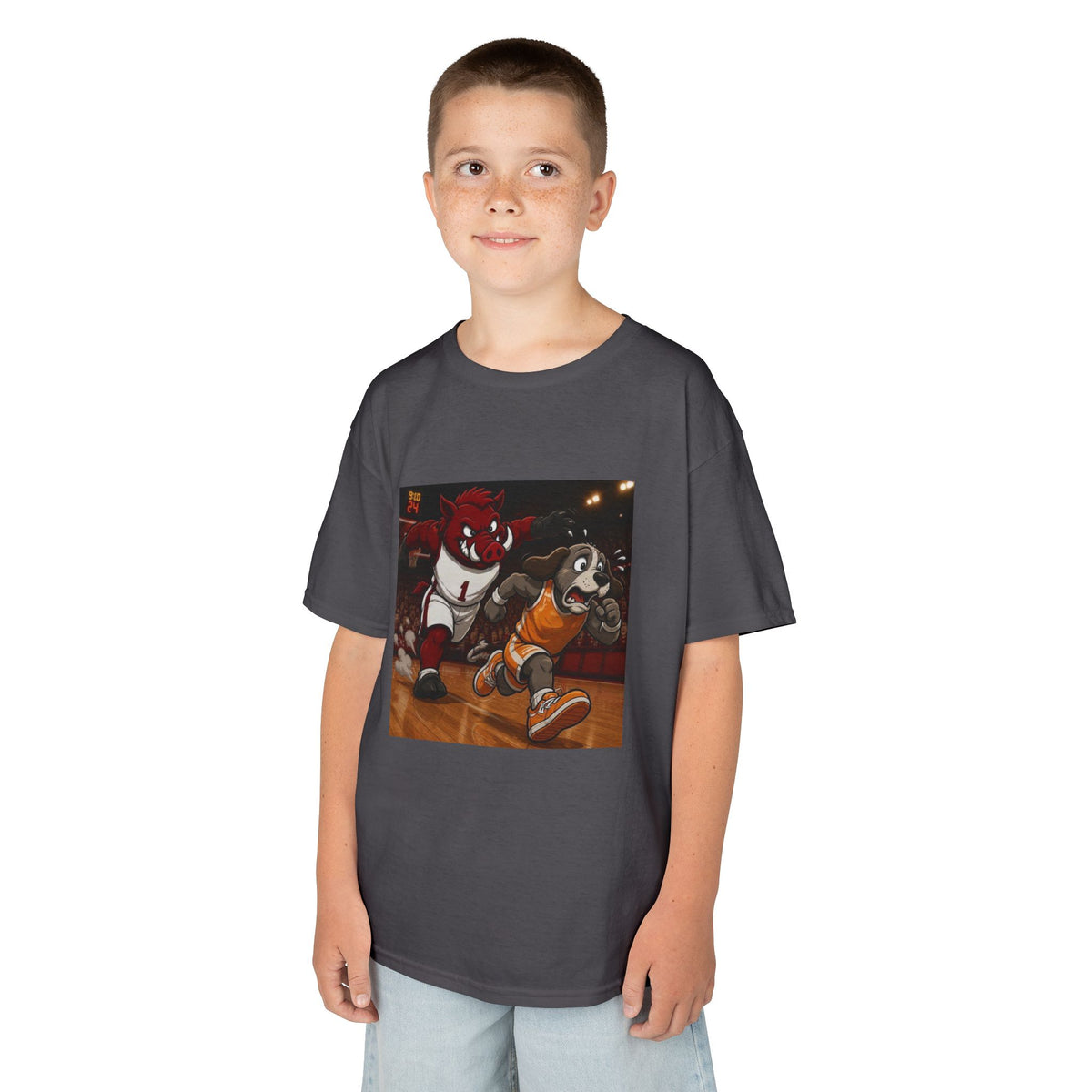 Kids Basketball Mascot Tee — Playful Cartoon Dunk Design