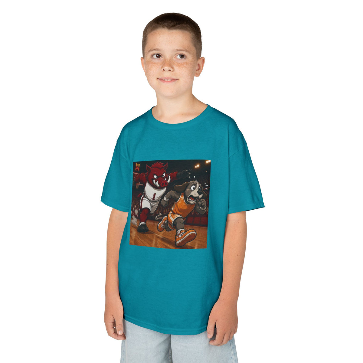 Kids Basketball Mascot Tee — Playful Cartoon Dunk Design