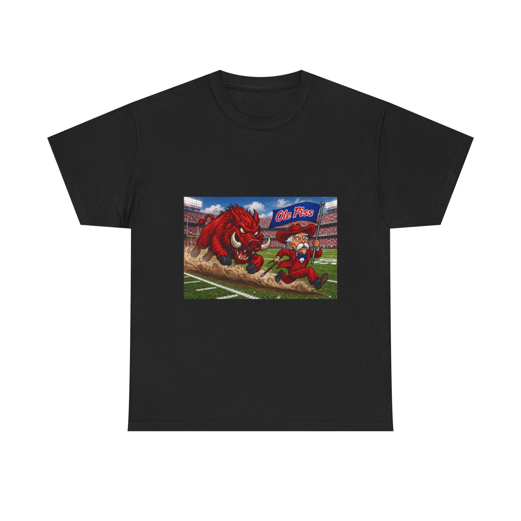 College Football Mascot Tee — 'Ole Piss' Running Hog Chasing Colonel Graphic