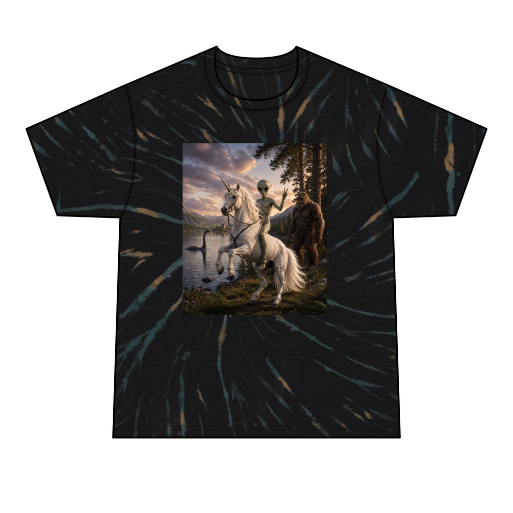 Alien Unicorn Rider Tie-Dye Tee — Men’s Fantasy Graphic T-Shirt