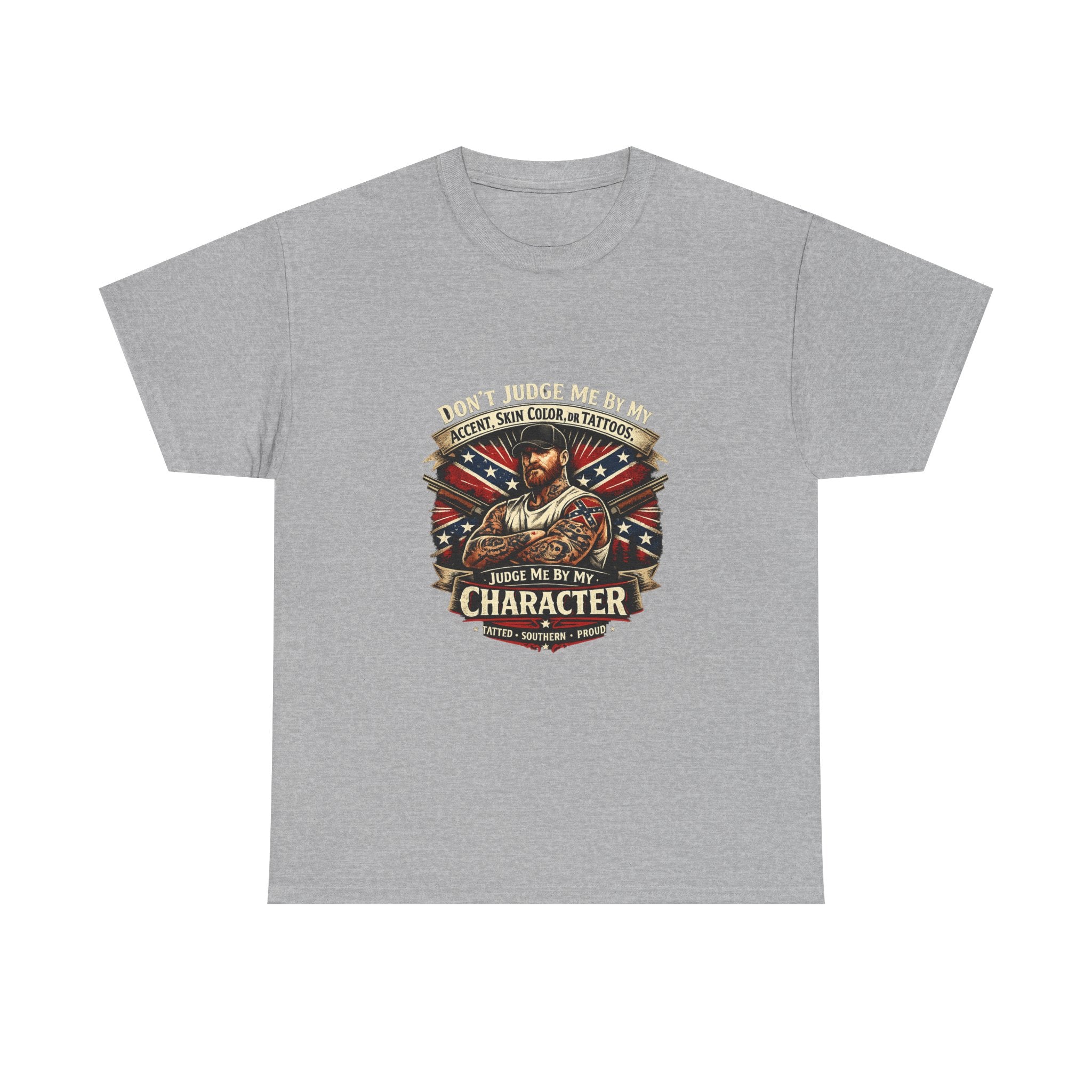 T-Shirt — "Don't Judge Me by My Skin, Accent, or Tattoo, Judge Me by My Character" Patriotic Vintage Design