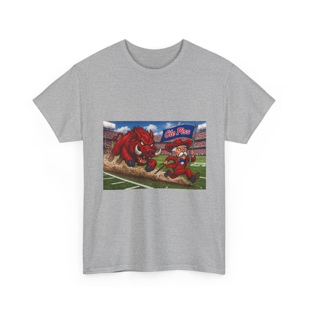 College Football Mascot Tee — 'Ole Piss' Running Hog Chasing Colonel Graphic