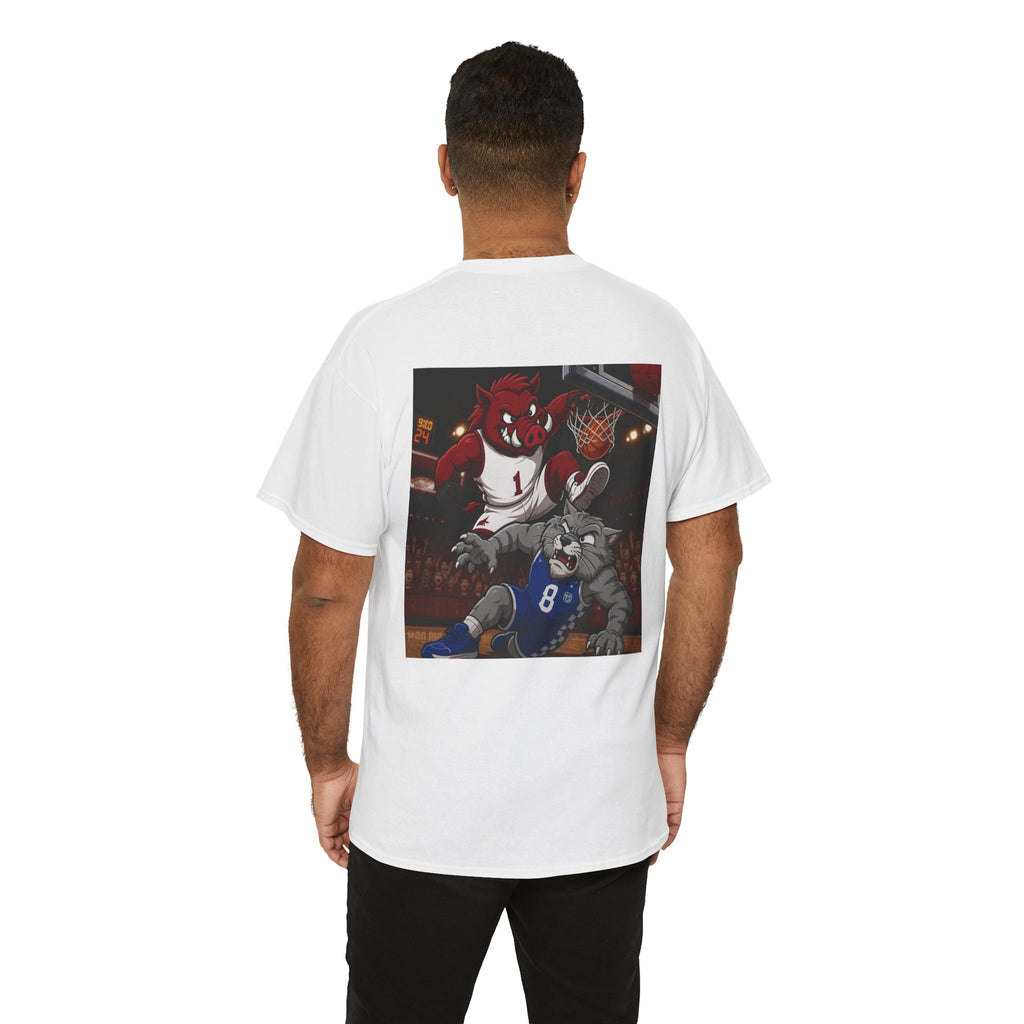 Arkansas Razorbacks Basketball Mascot Tee — Back Graphic Dunking Hog + Front Script Logo