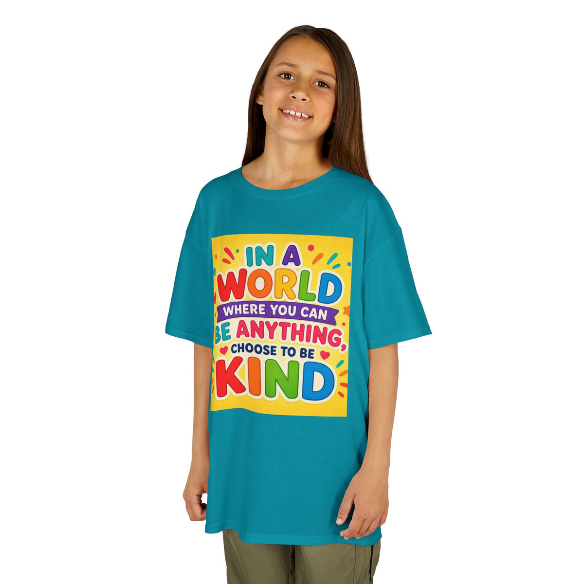 Kids T-Shirt — "In a World Where You Can Be Anything, Choose to Be Kind" Colorful Positive Message