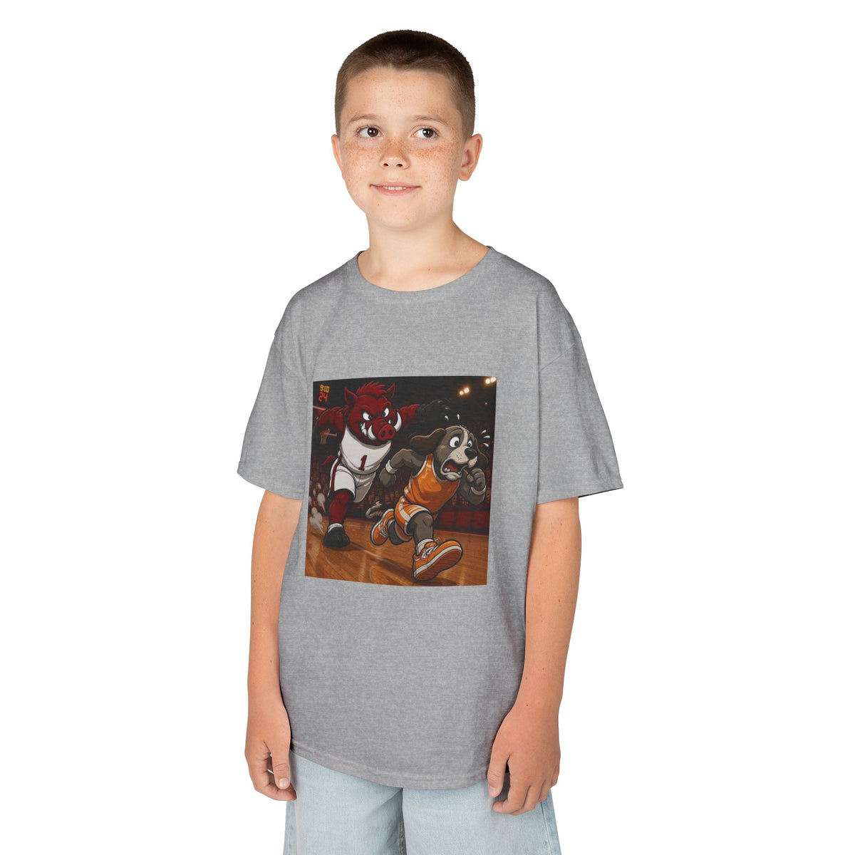 Kids Basketball Mascot Tee — Playful Cartoon Dunk Design