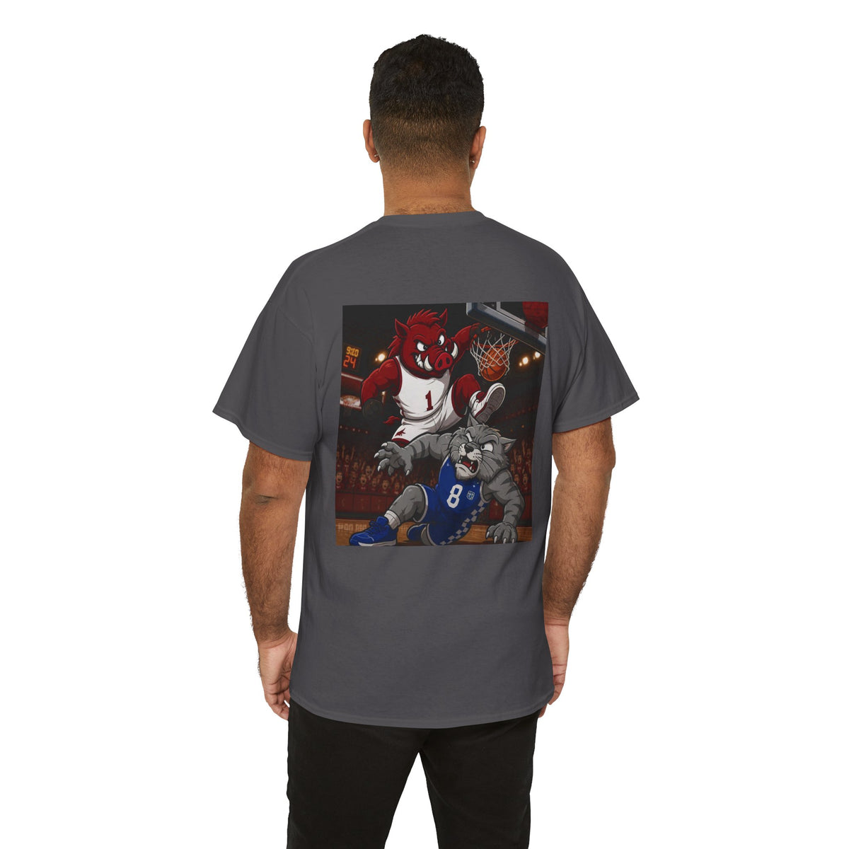 Arkansas Razorbacks Basketball Mascot Tee — Back Graphic Dunking Hog + Front Script Logo