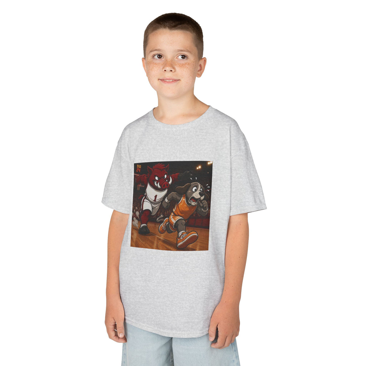 Kids Basketball Mascot Tee — Playful Cartoon Dunk Design