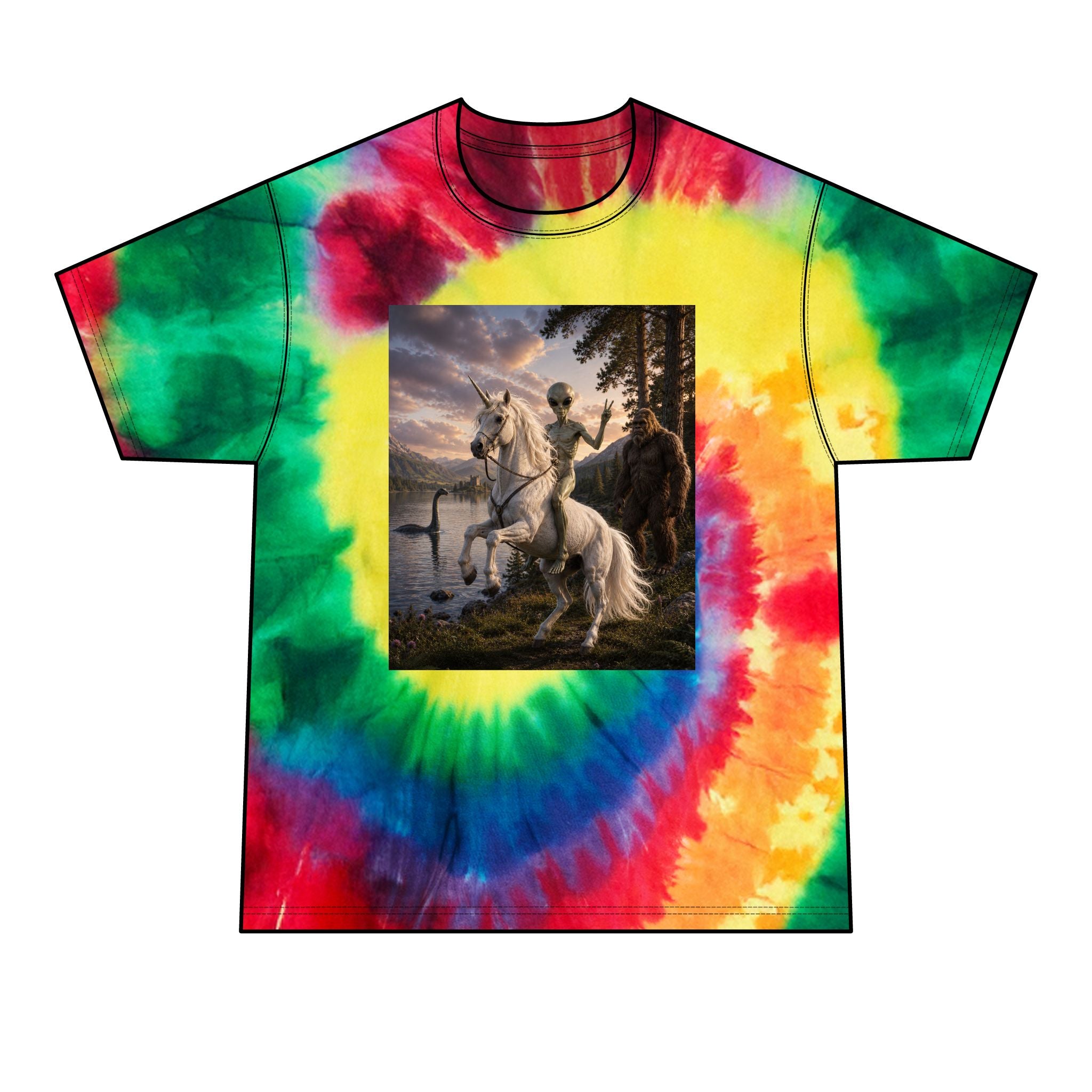 Alien Unicorn Rider Tie-Dye Tee — Men’s Fantasy Graphic T-Shirt