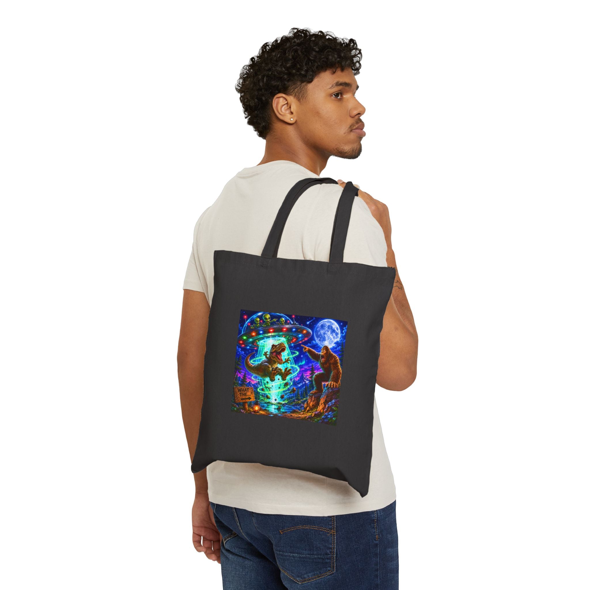 Canvas Tote Bag — Alien Abduction of Dinosaur with BigFoot