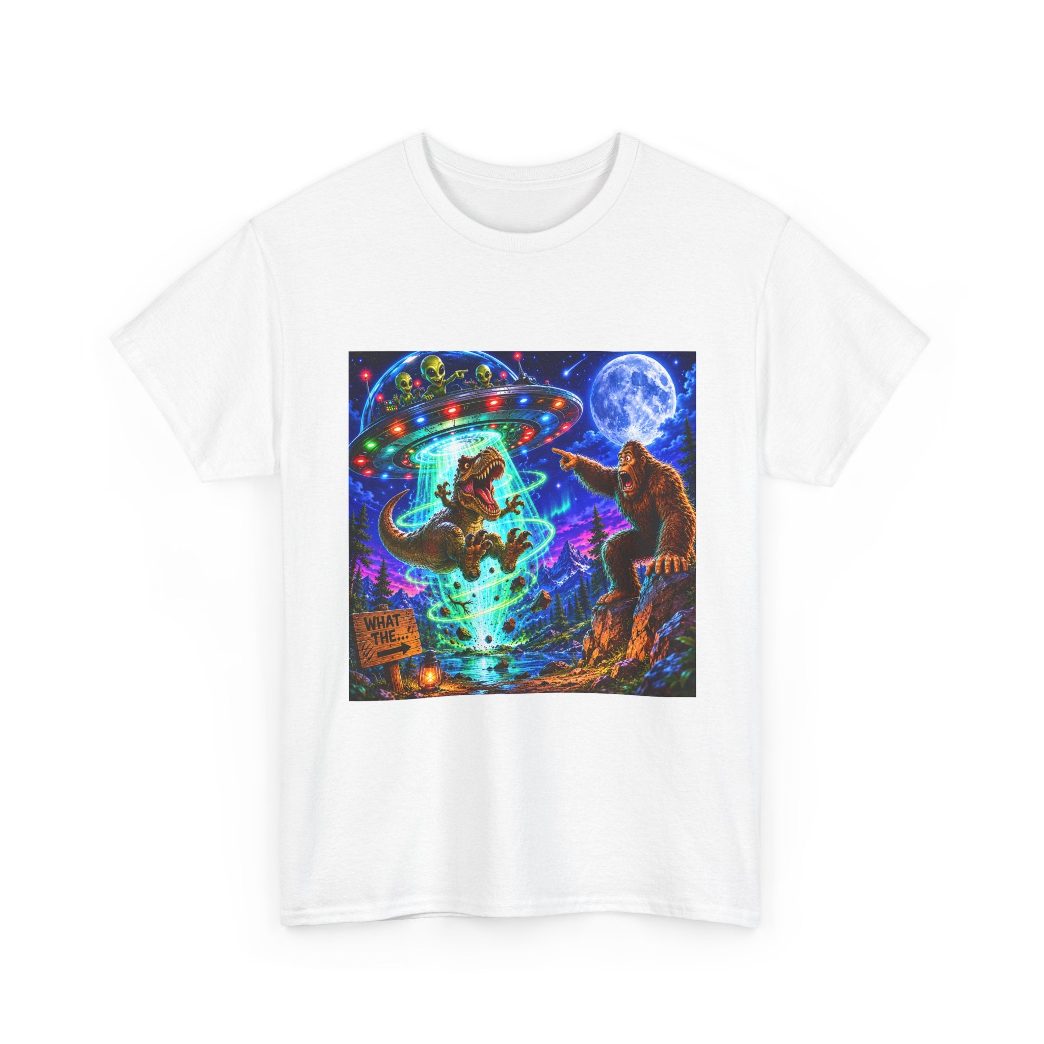UFO Bigfoot Abduction T-Shirt — Neon Retro Alien Party Tee
