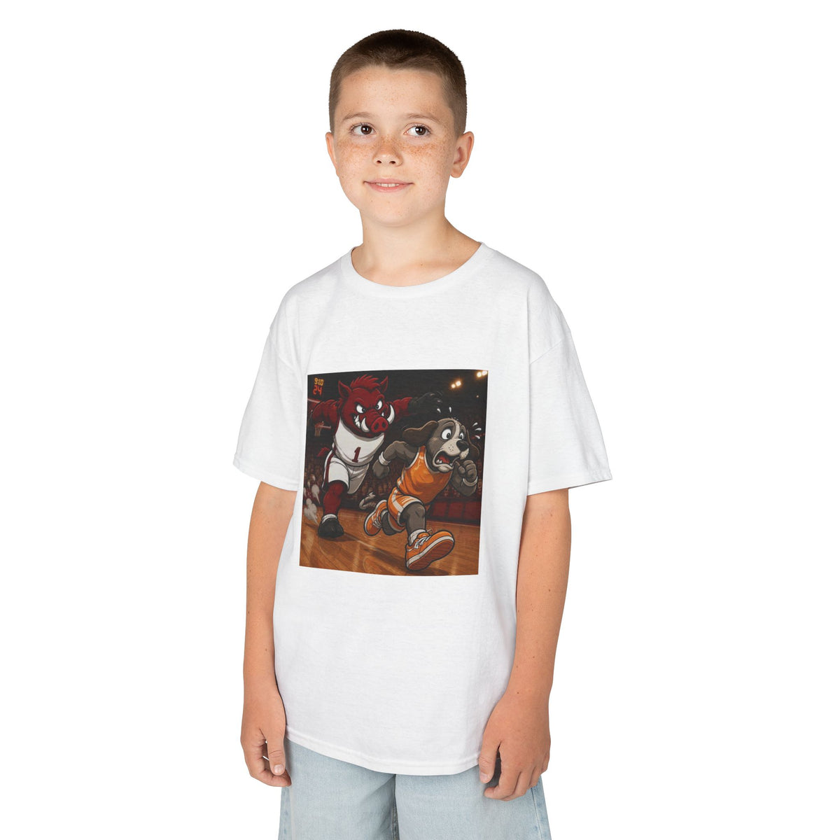 Kids Basketball Mascot Tee — Playful Cartoon Dunk Design