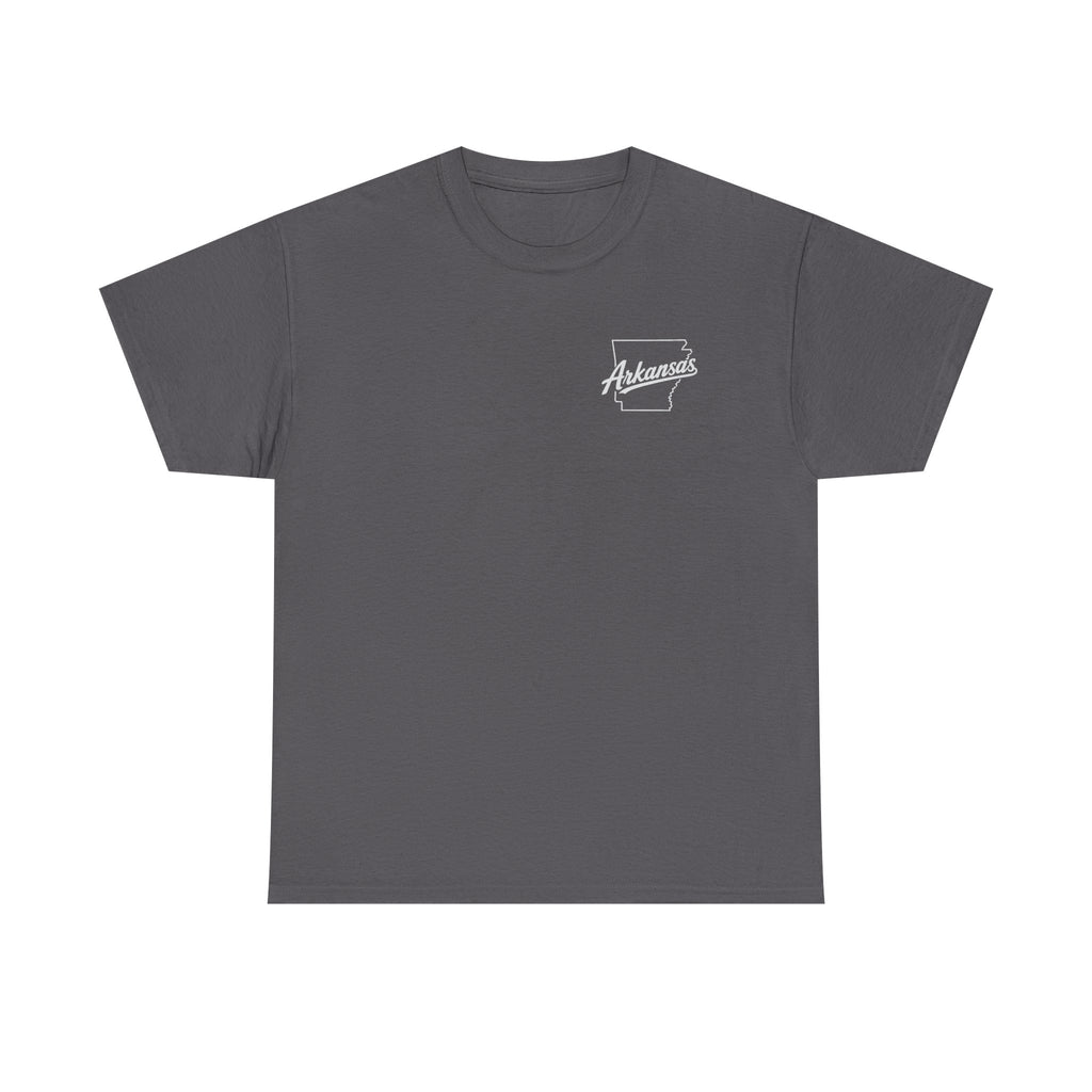Arkansas Razorbacks Basketball Mascot Tee — Back Graphic Dunking Hog + Front Script Logo