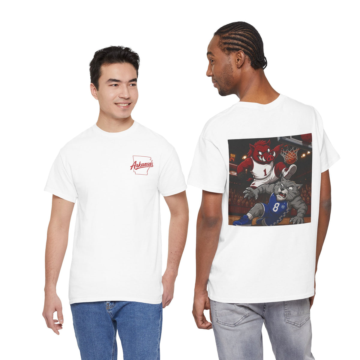 Arkansas Razorbacks Basketball Mascot Tee — Back Graphic Dunking Hog + Front Script Logo