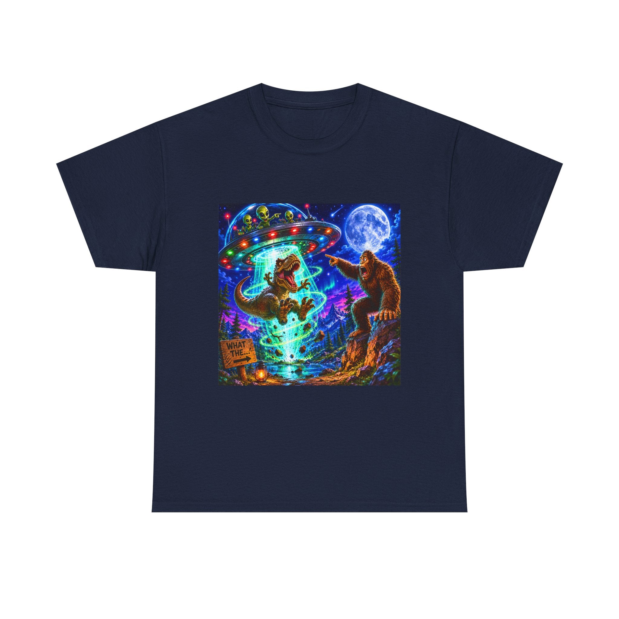 UFO Bigfoot Abduction T-Shirt — Neon Retro Alien Party Tee