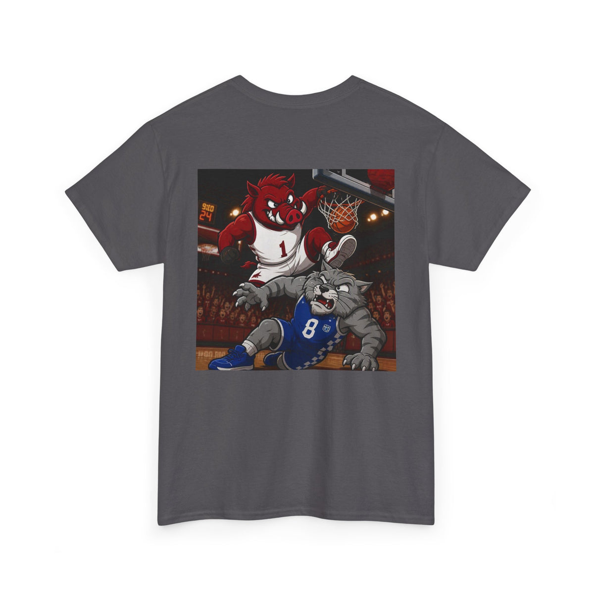 Arkansas Razorbacks Basketball Mascot Tee — Back Graphic Dunking Hog + Front Script Logo