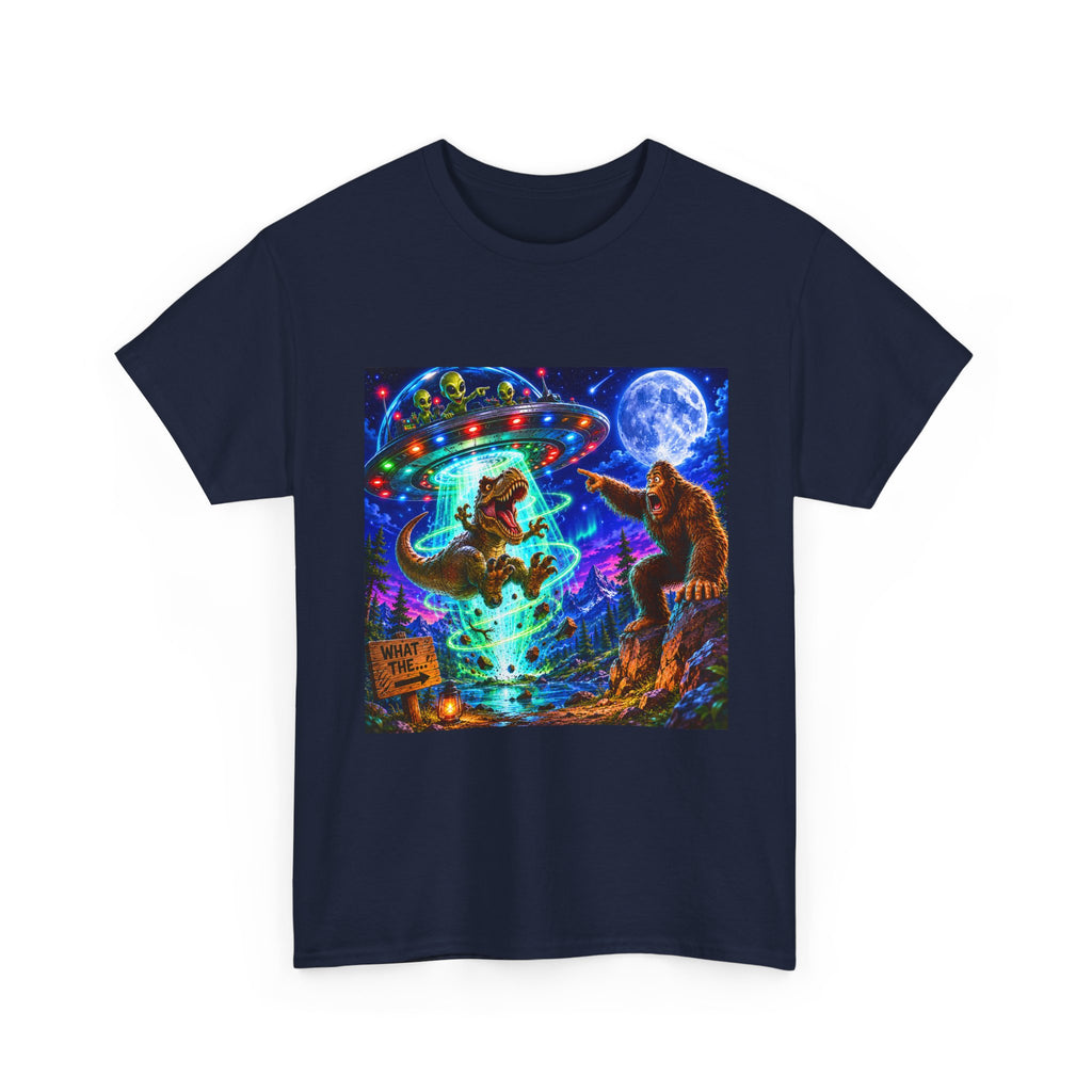 UFO Bigfoot Abduction T-Shirt — Neon Retro Alien Party Tee