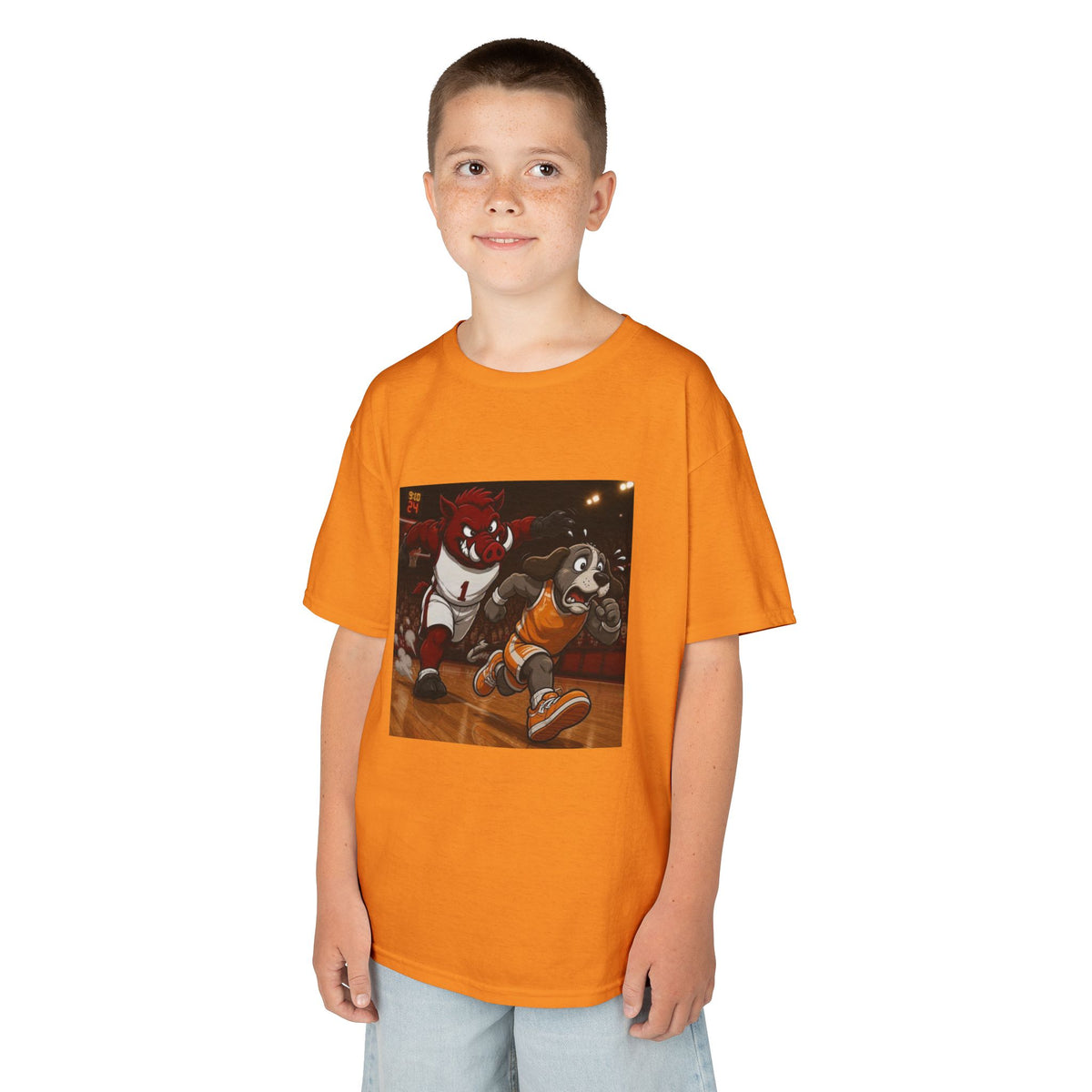 Kids Basketball Mascot Tee — Playful Cartoon Dunk Design