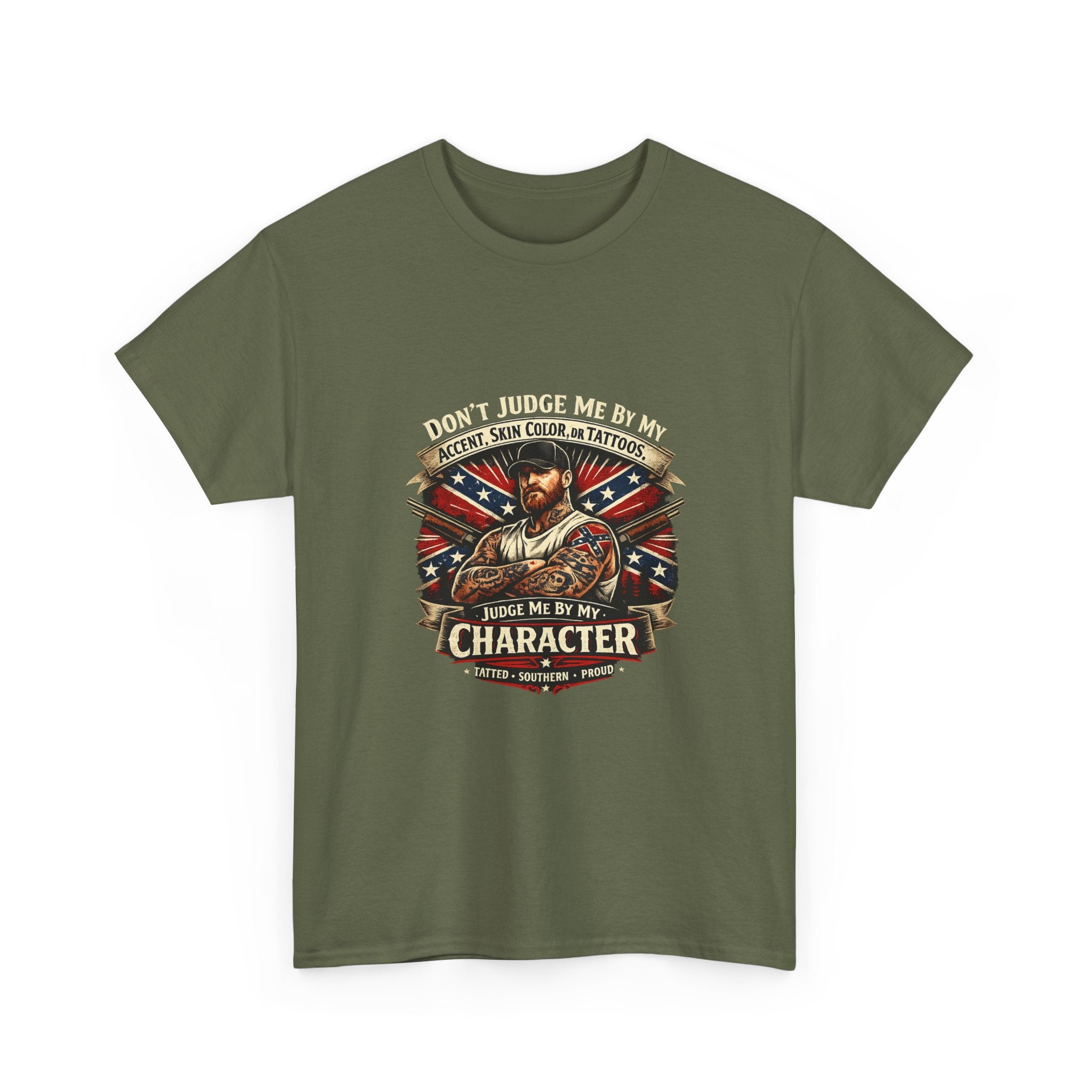 T-Shirt — "Don't Judge Me by My Skin, Accent, or Tattoo, Judge Me by My Character" Patriotic Vintage Design