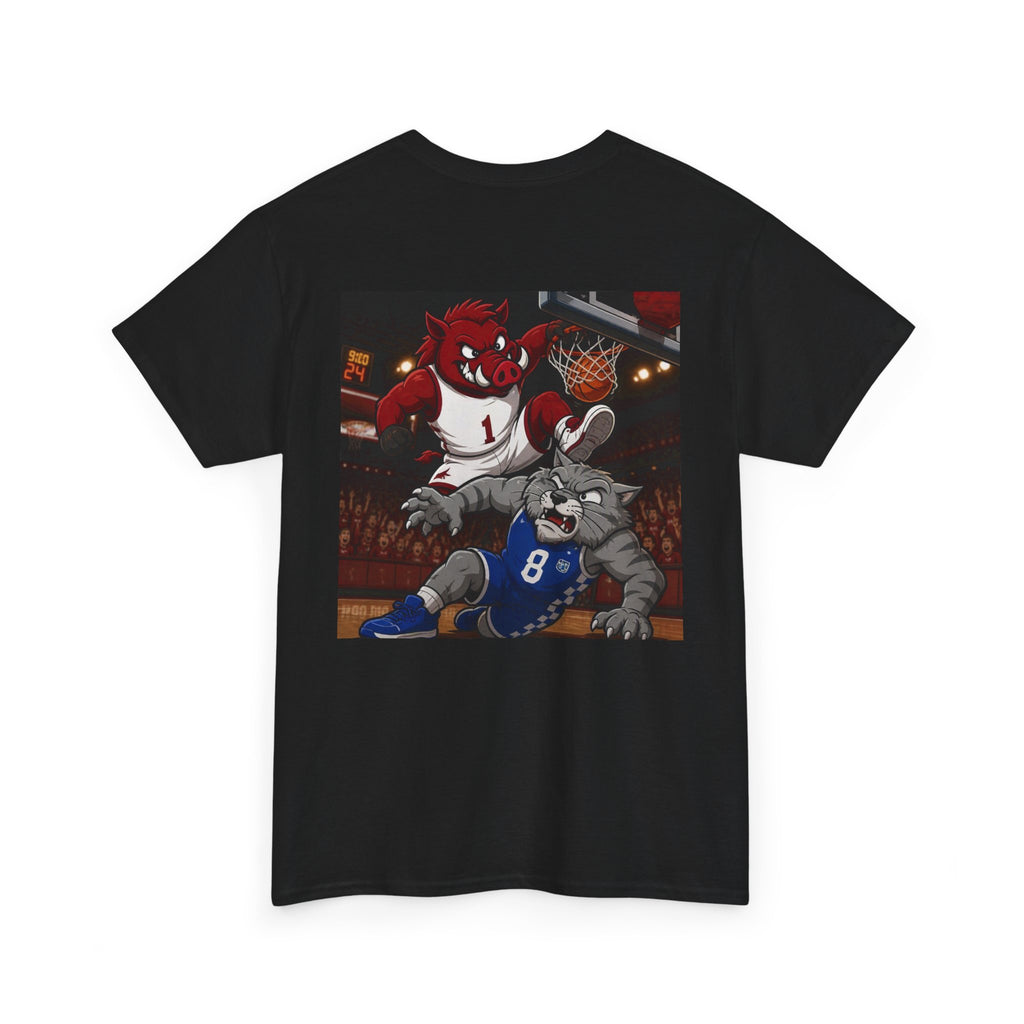 Arkansas Razorbacks Basketball Mascot Tee — Back Graphic Dunking Hog + Front Script Logo