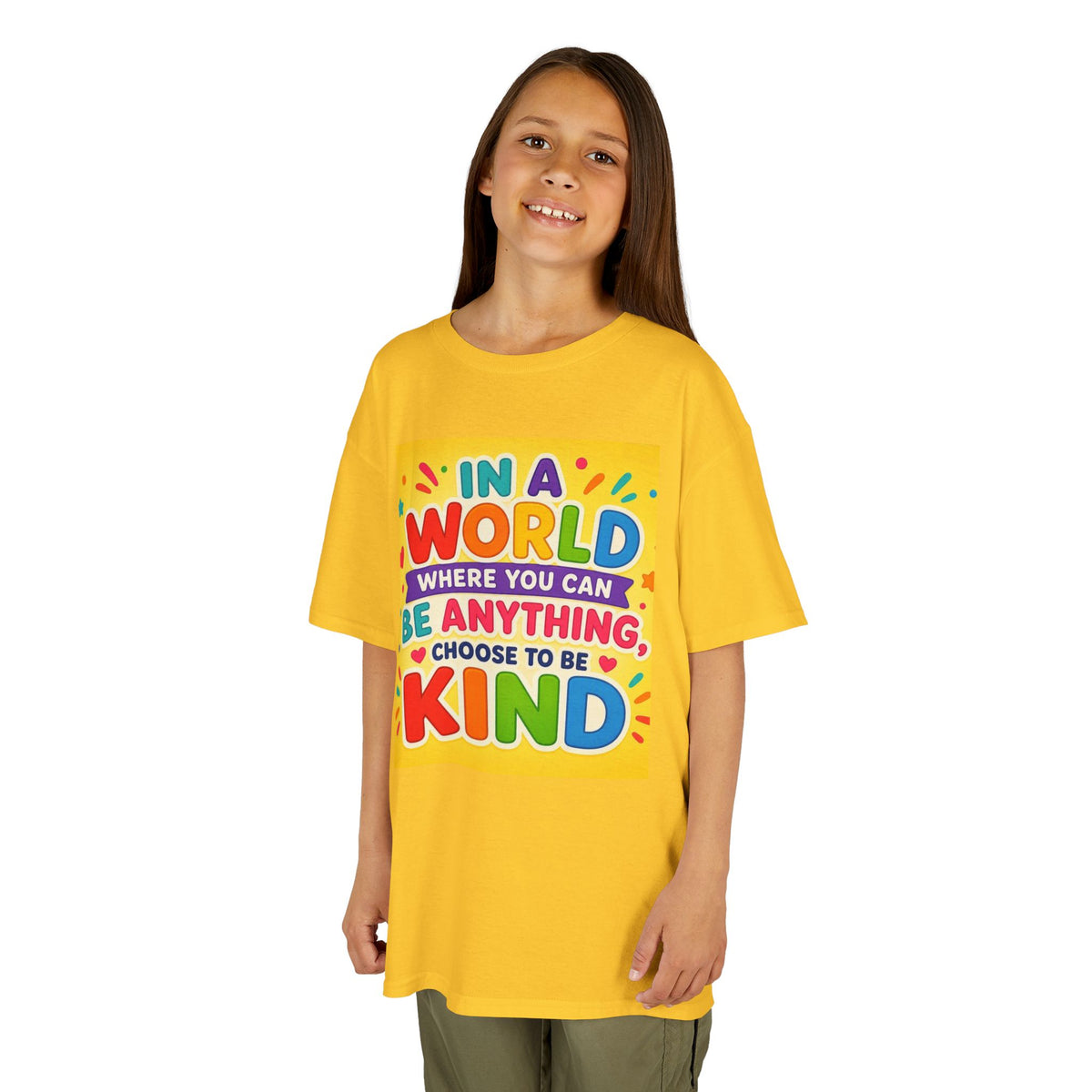 Kids T-Shirt — "In a World Where You Can Be Anything, Choose to Be Kind" Colorful Positive Message