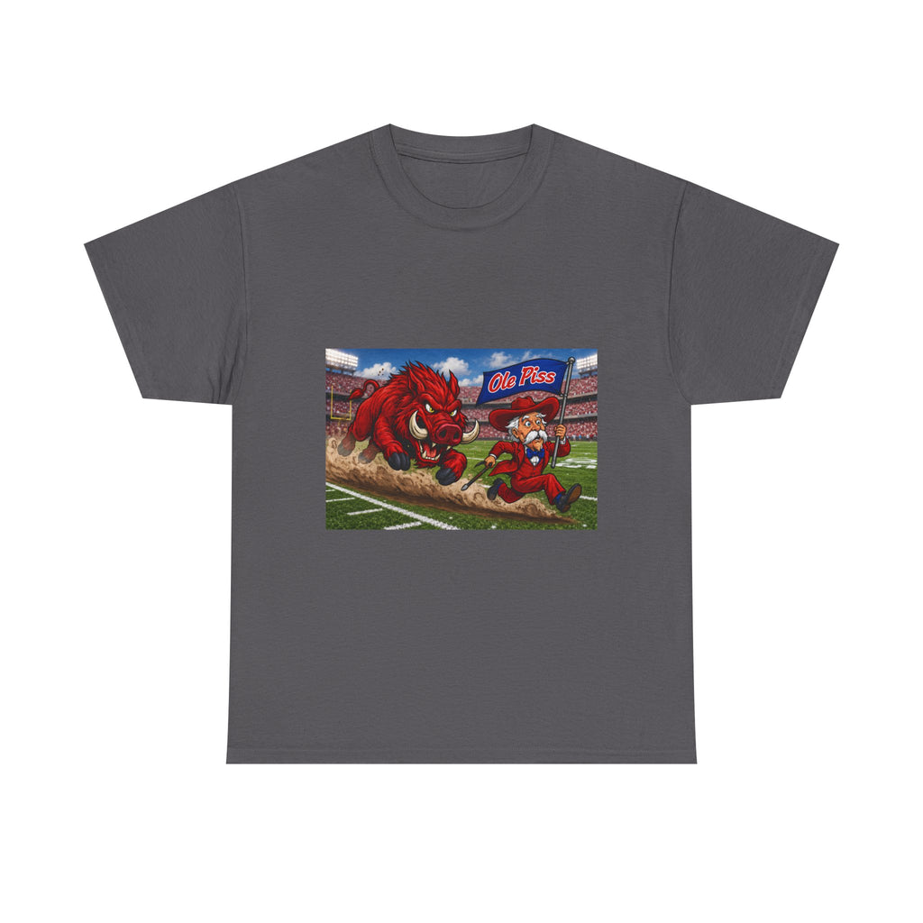 College Football Mascot Tee — 'Ole Piss' Running Hog Chasing Colonel Graphic