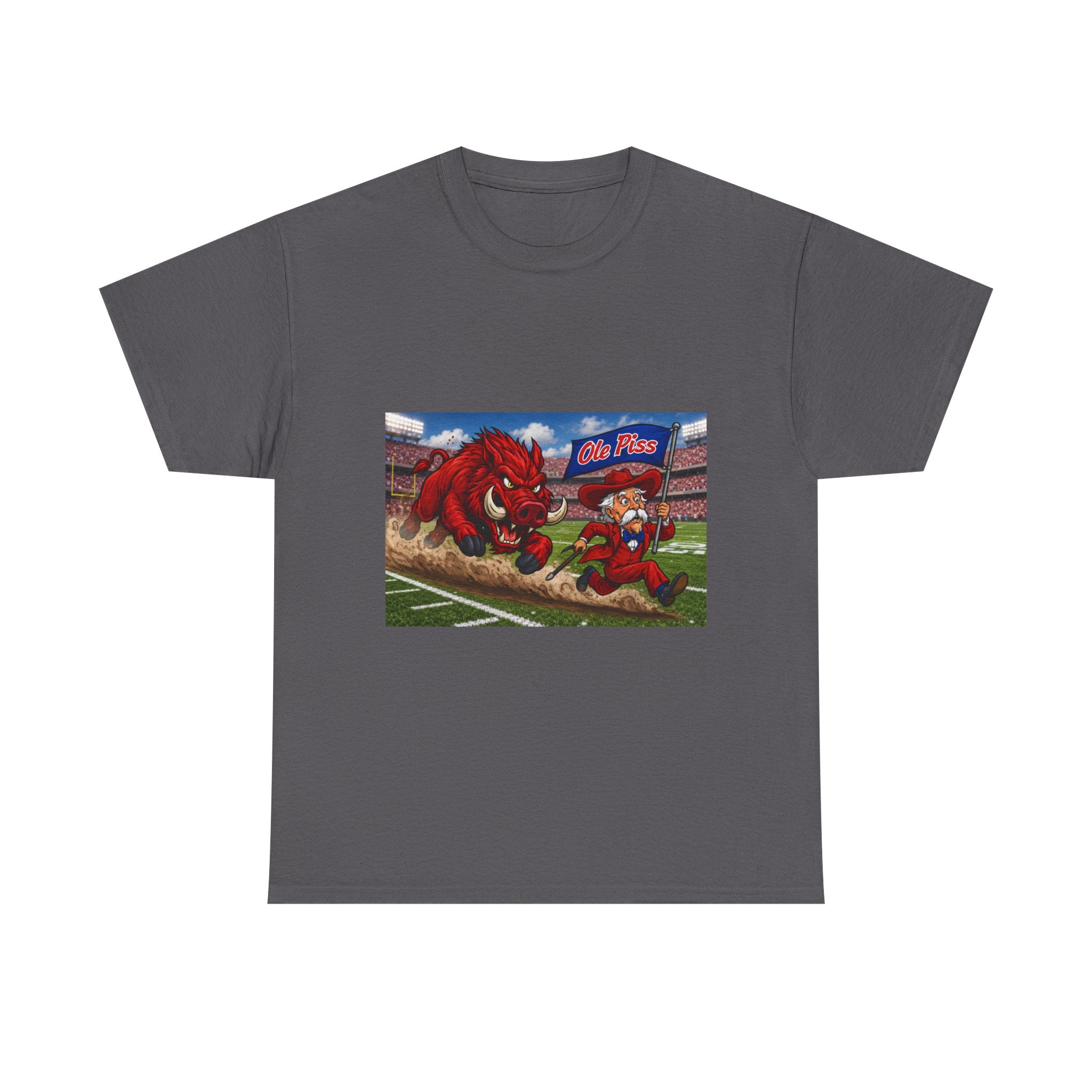 College Football Mascot Tee — 'Ole Piss' Running Hog Chasing Colonel Graphic