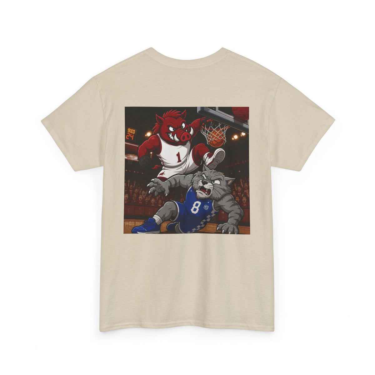 Arkansas Razorbacks Basketball Mascot Tee — Back Graphic Dunking Hog + Front Script Logo
