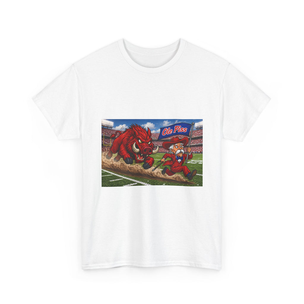 College Football Mascot Tee — 'Ole Piss' Running Hog Chasing Colonel Graphic